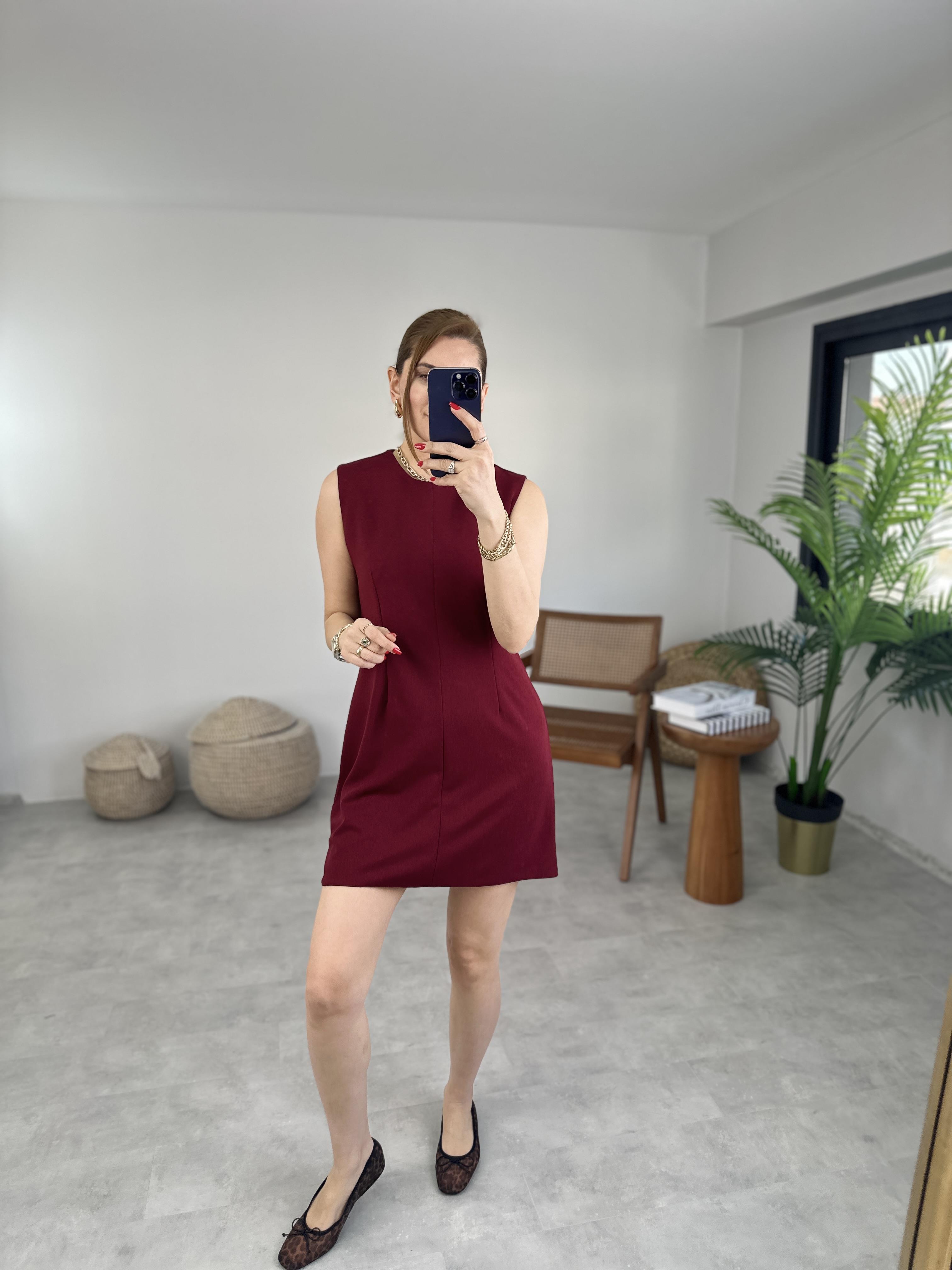 Bordo Crep Kolsuz Japone Elbise