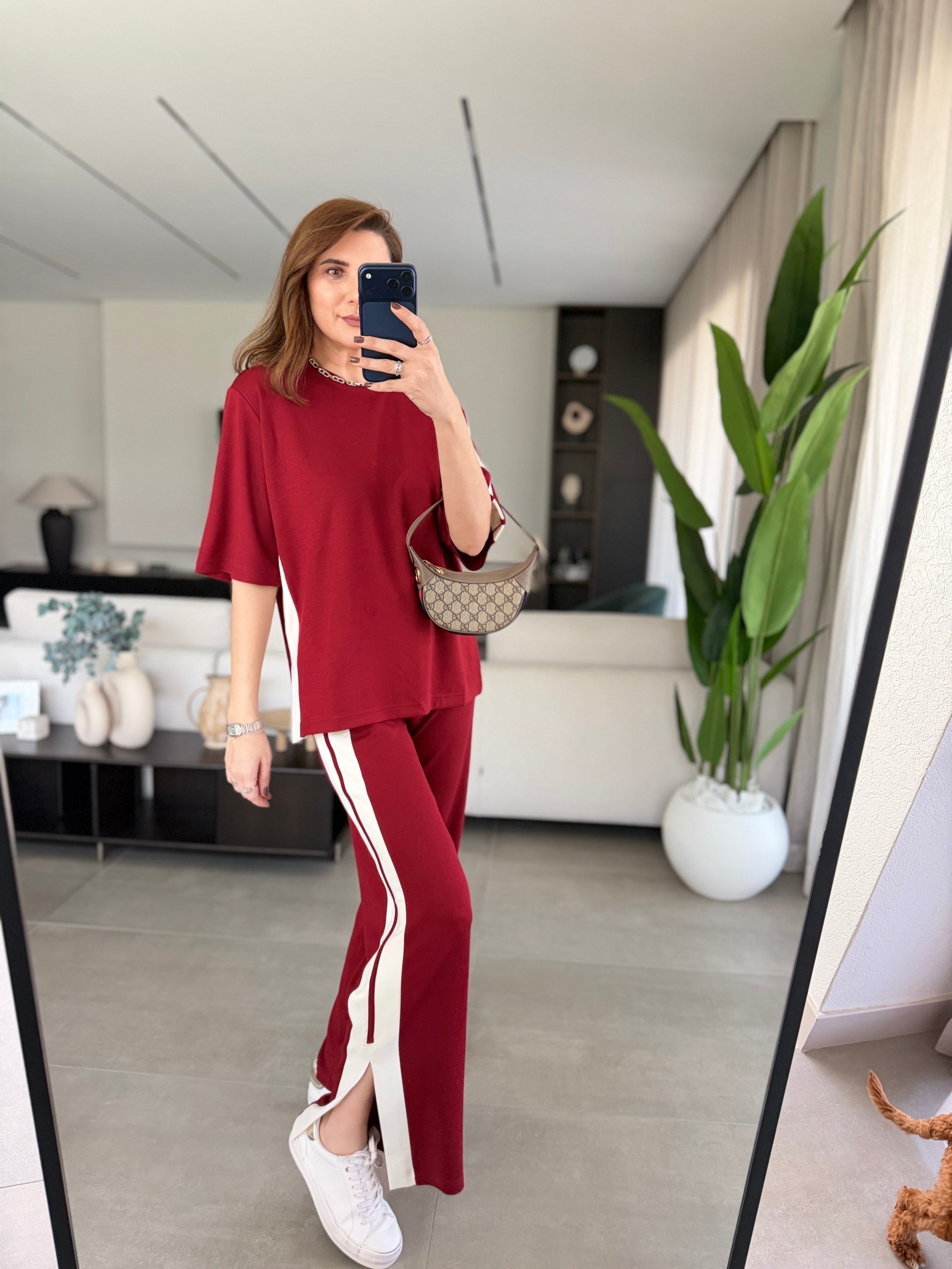 Bordo Eriva Şerit Detaylı Takım