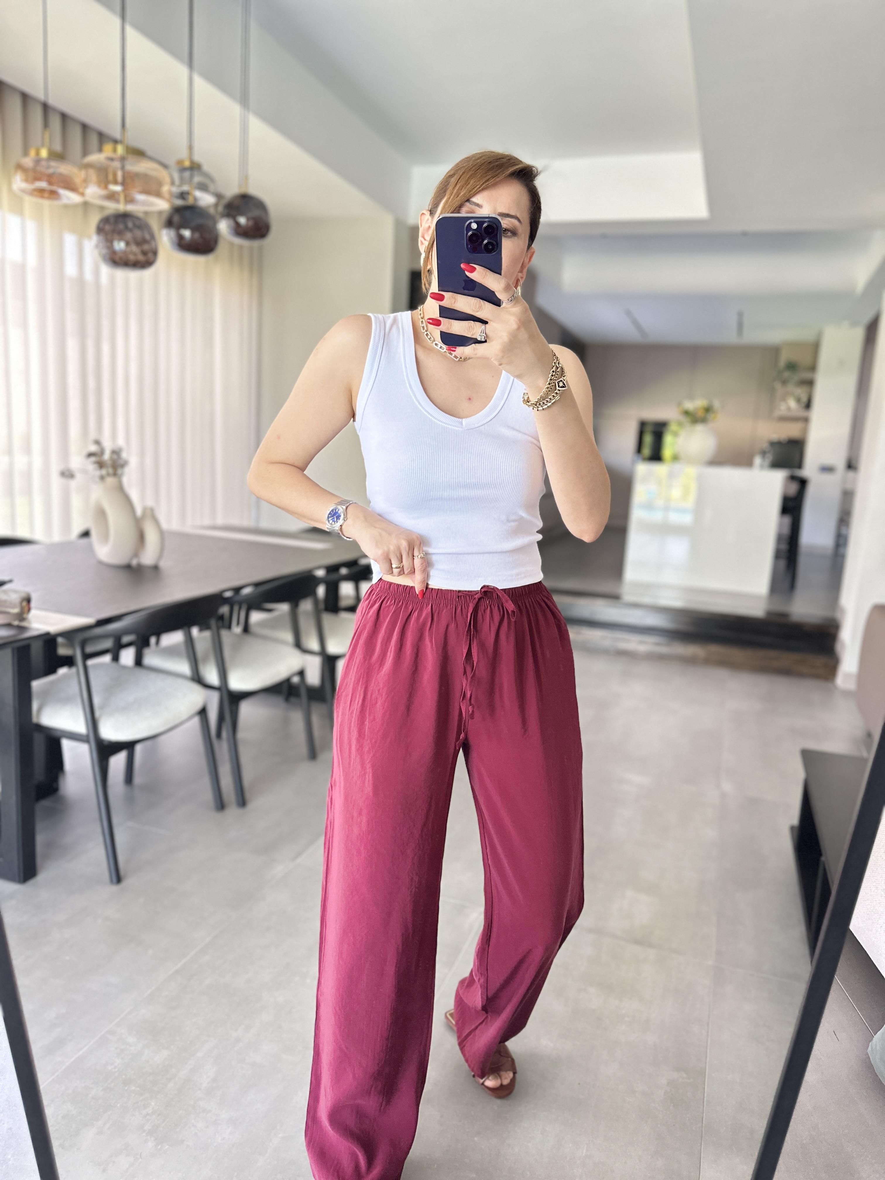 Bordo İnce Kemerli Mas Pantolon