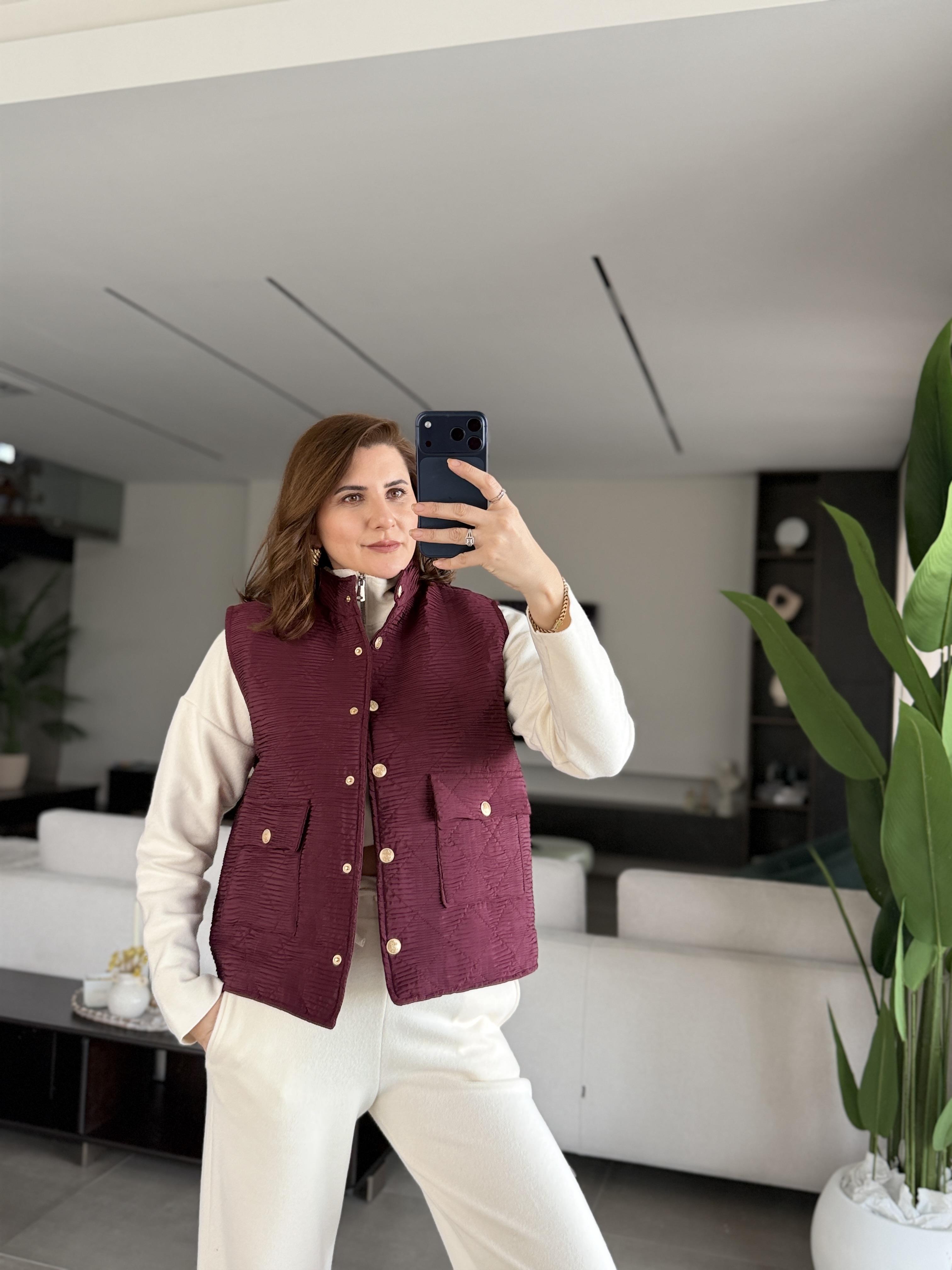 Bordo Kapitoneli Gold Düğmeli Kısa Yelek