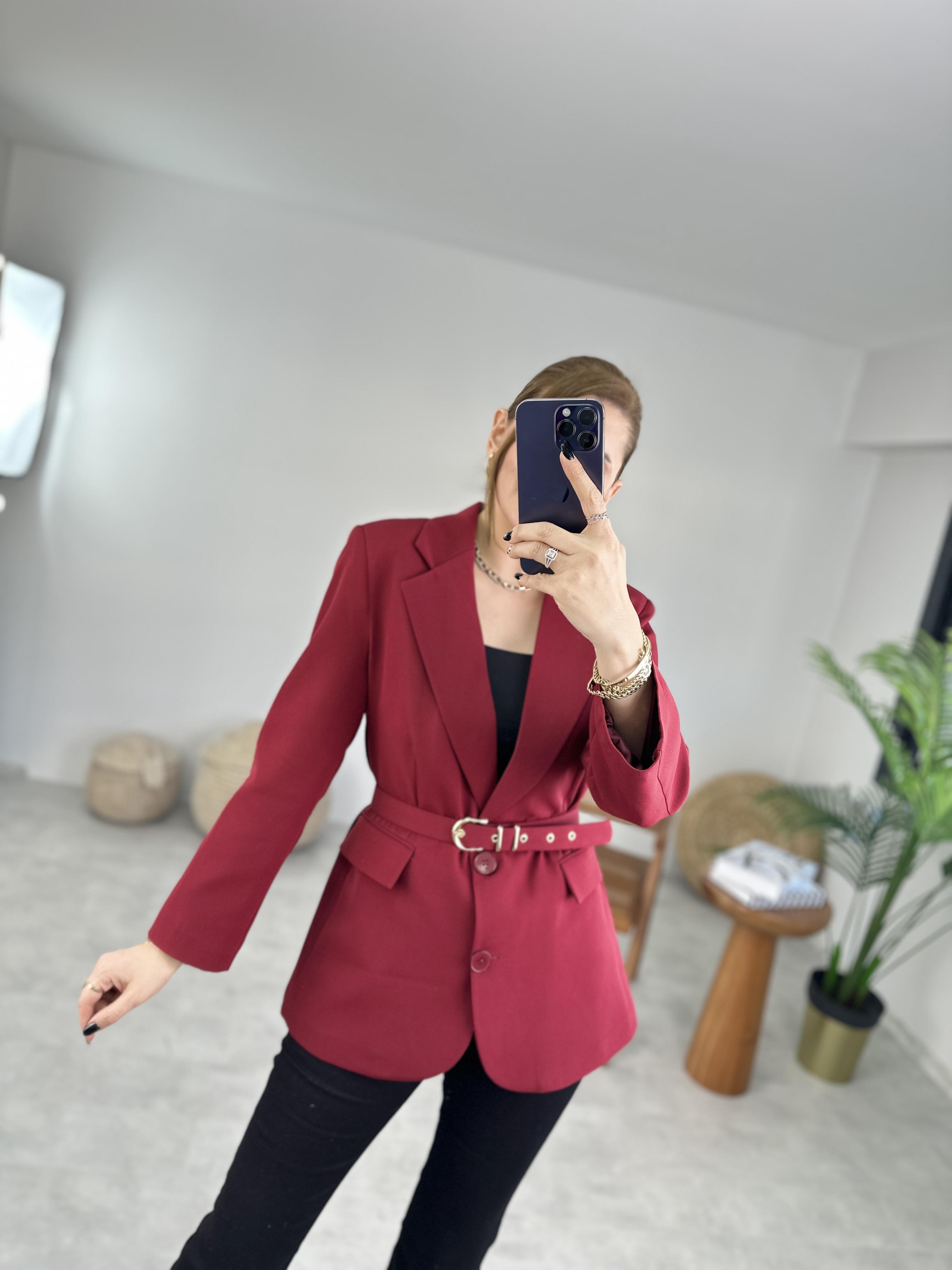 Bordo Kemerli Blazer Ceket