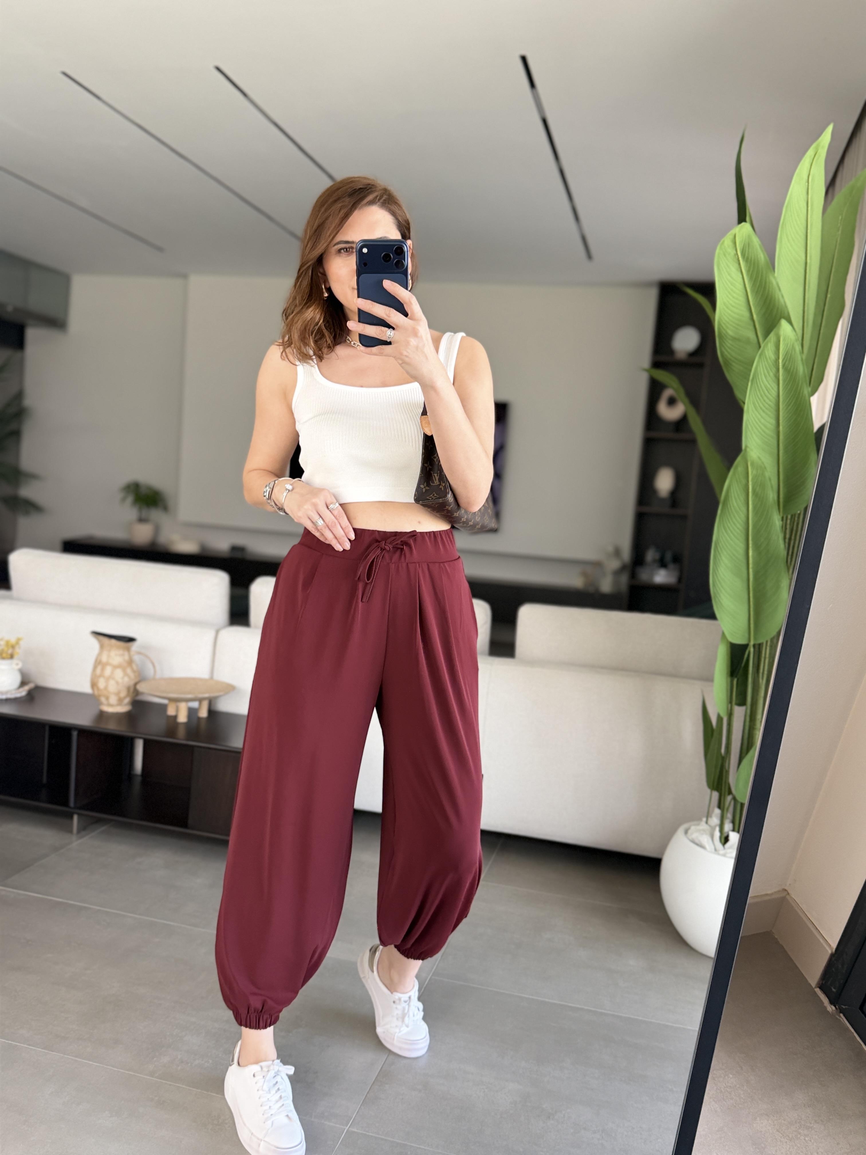 Bordo Kemerli Şalvar Pantolon
