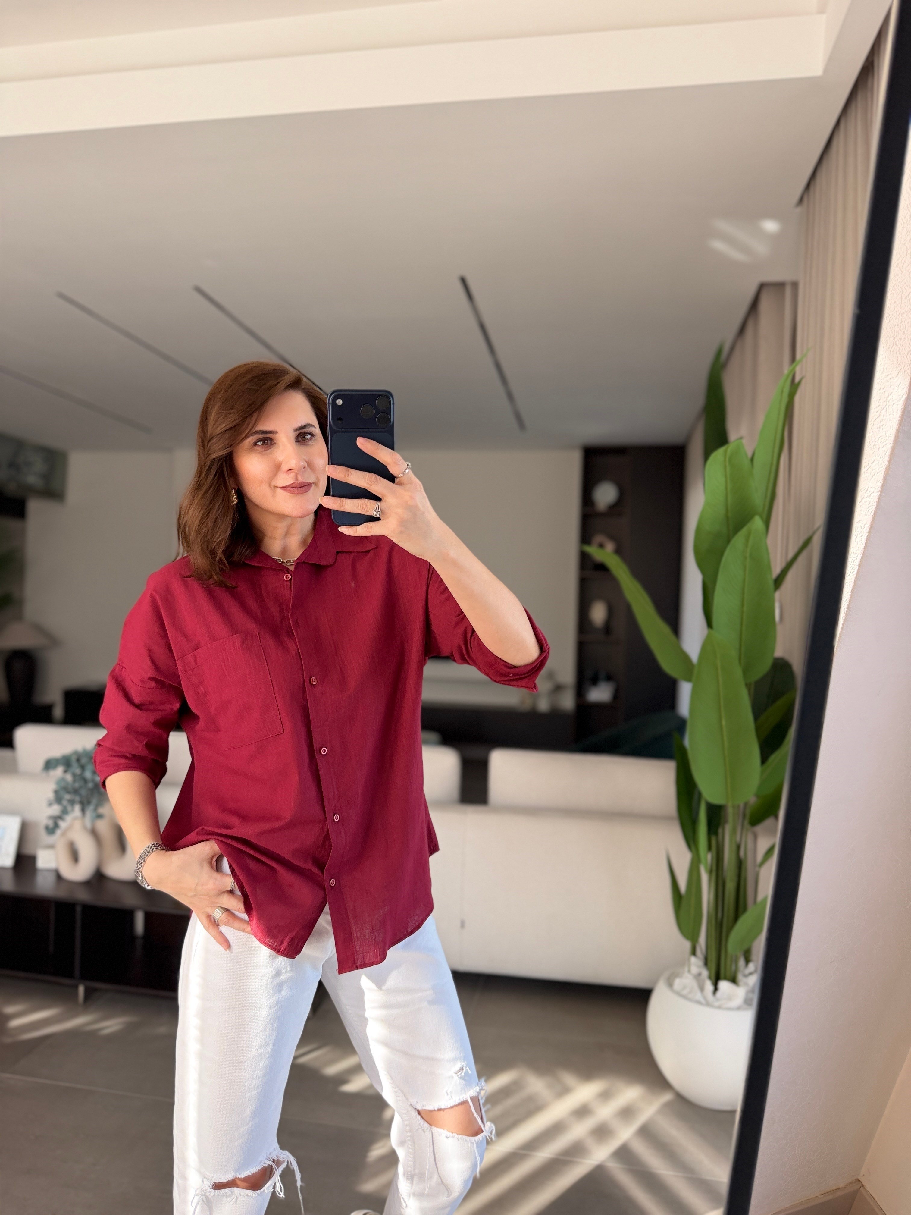 Bordo Keten Tek Cep Oversize Gömlek