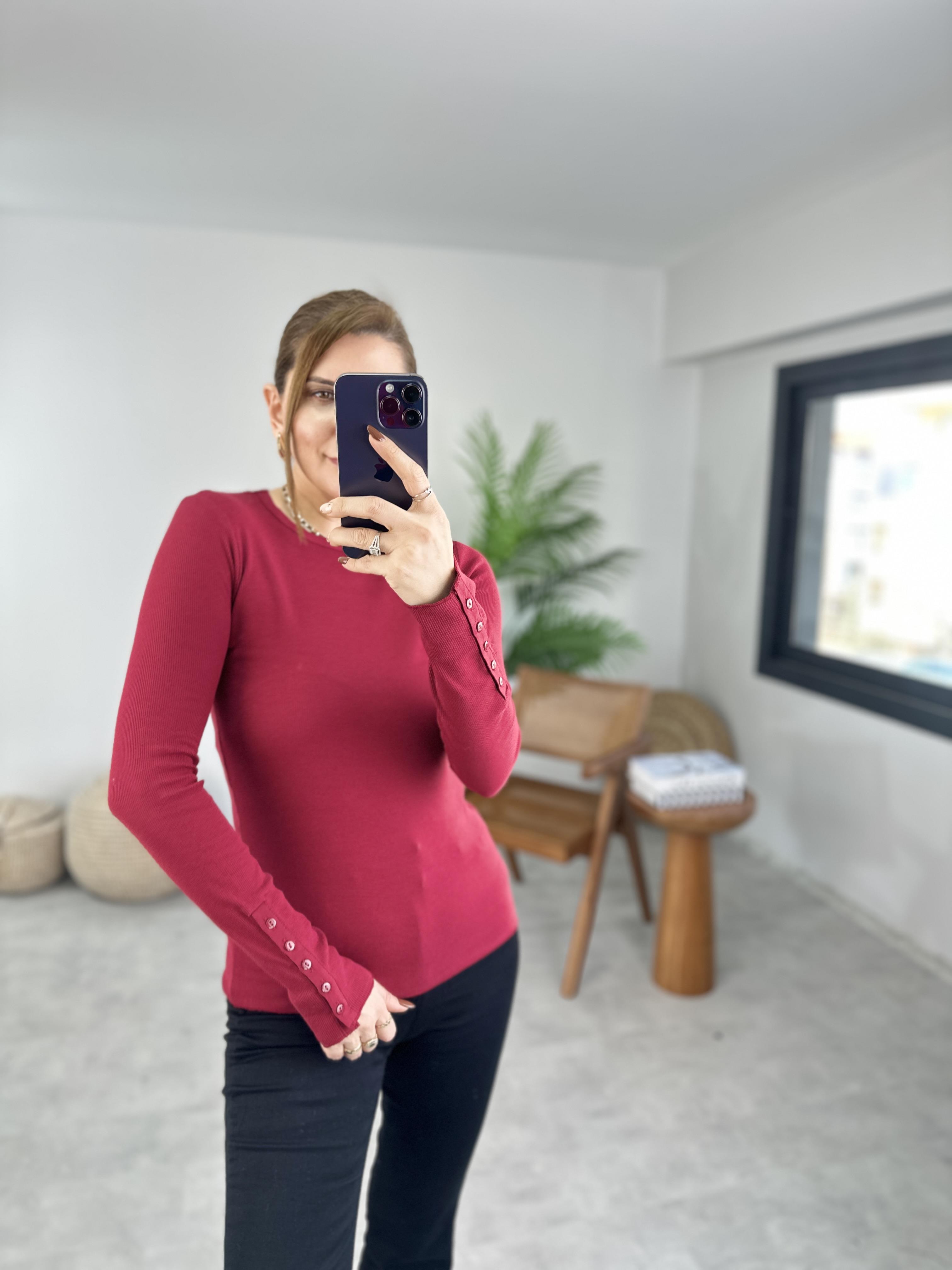 Bordo Kolları Düğmeli Bluz