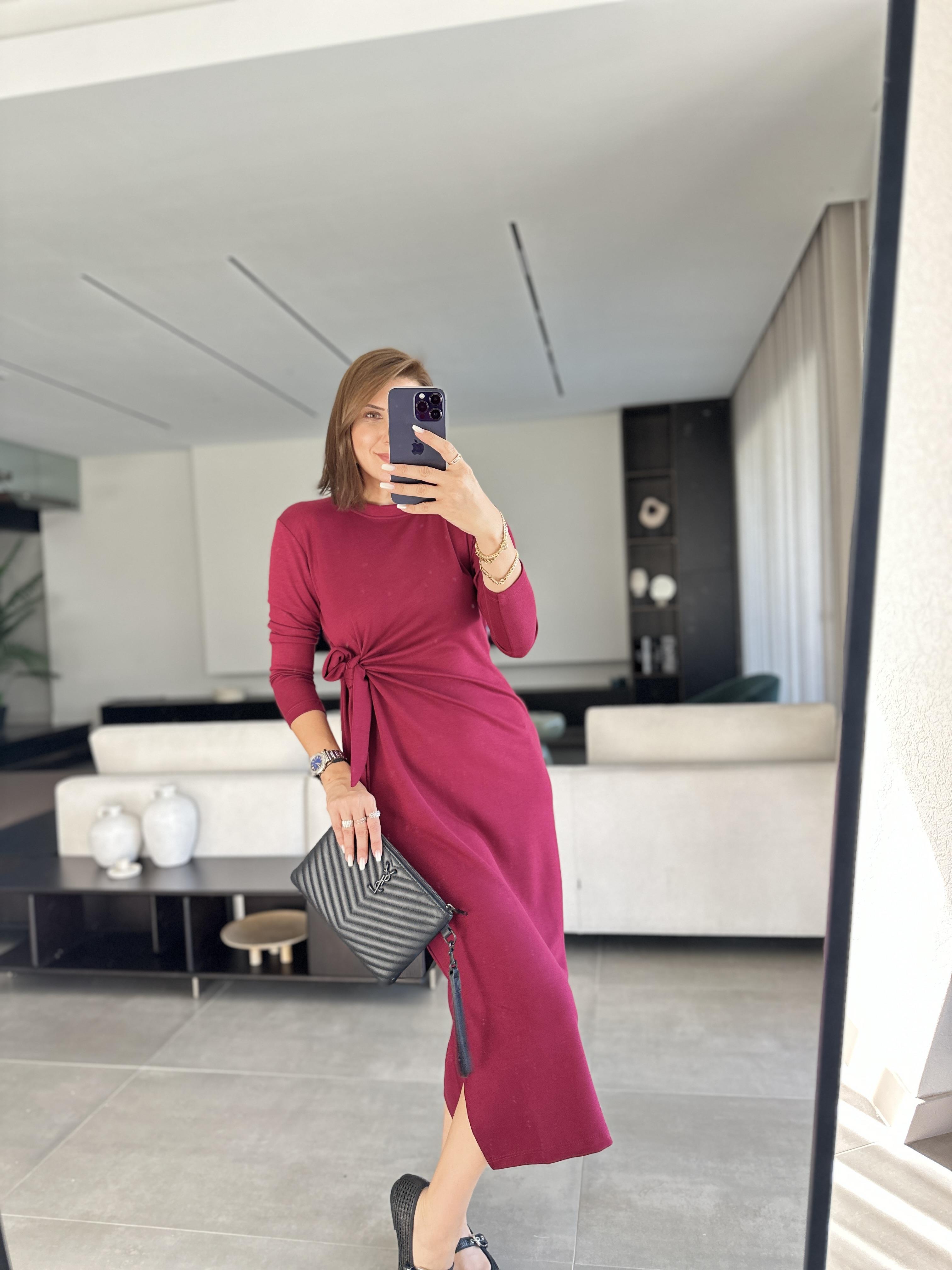 Bordo Lady Kuşaklı Uzun Kollu Elbise