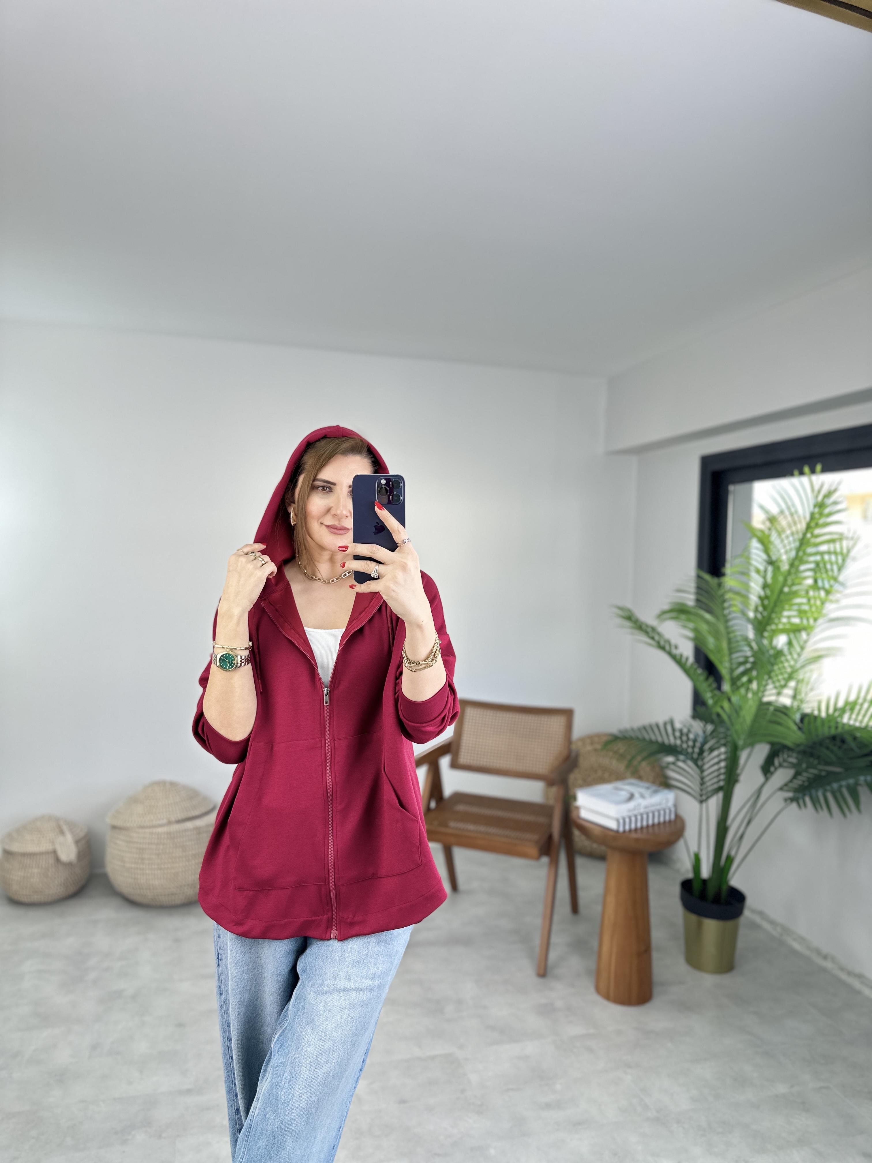 Bordo Modal Fermuarlı Oversize Ceket