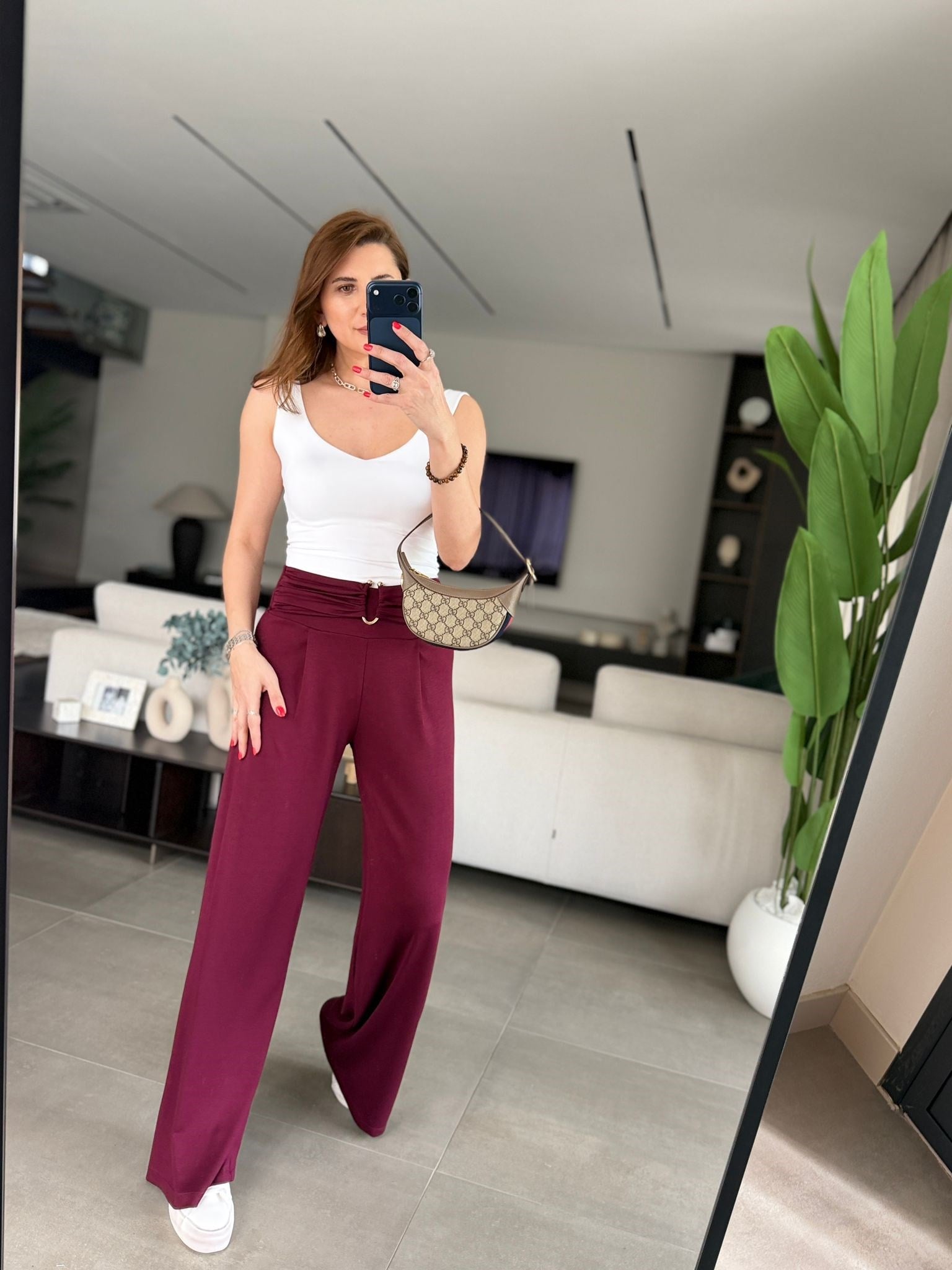 Bordo  Modal Önü Tokalı Pantolon