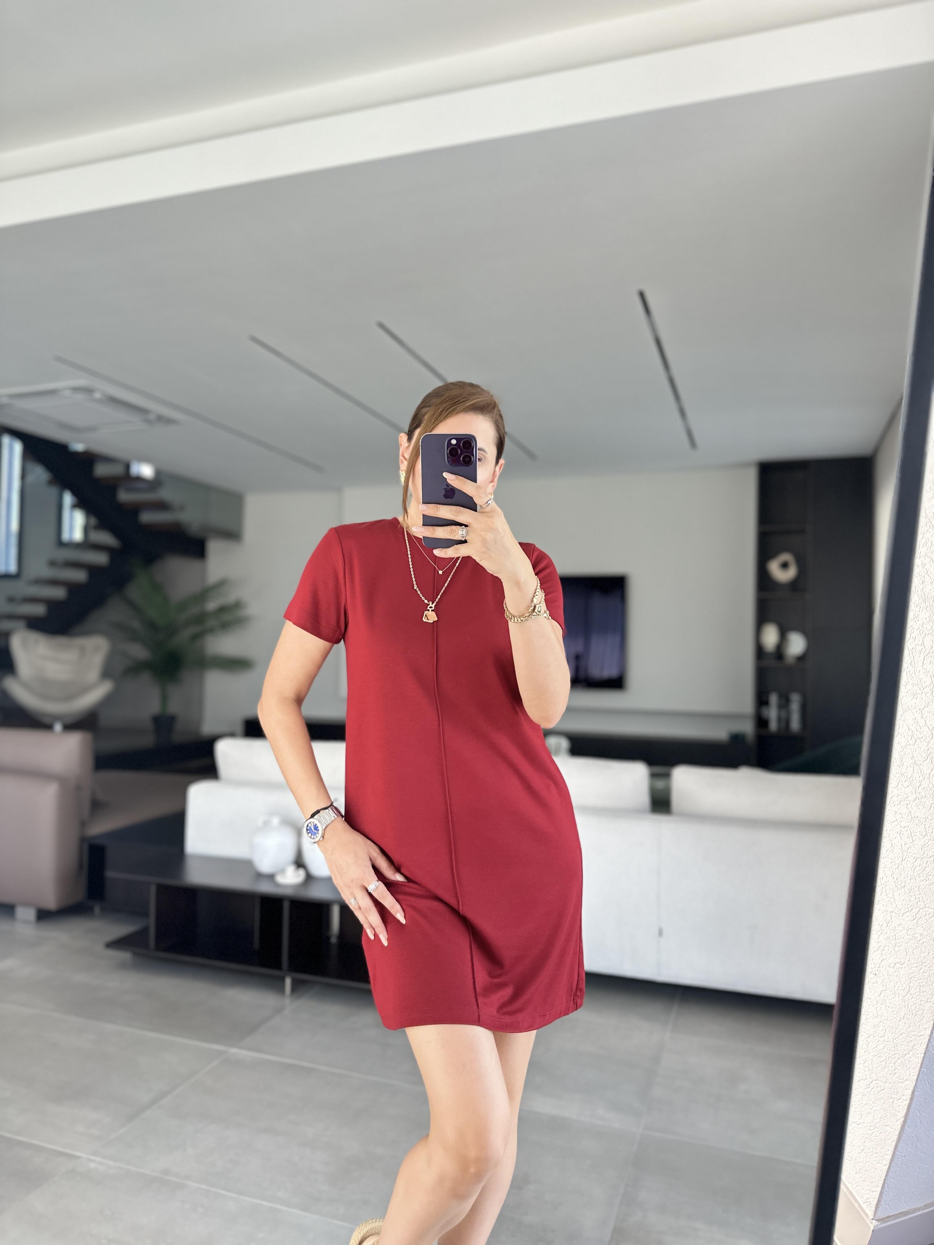 Bordo Ön Çimalı Elbise