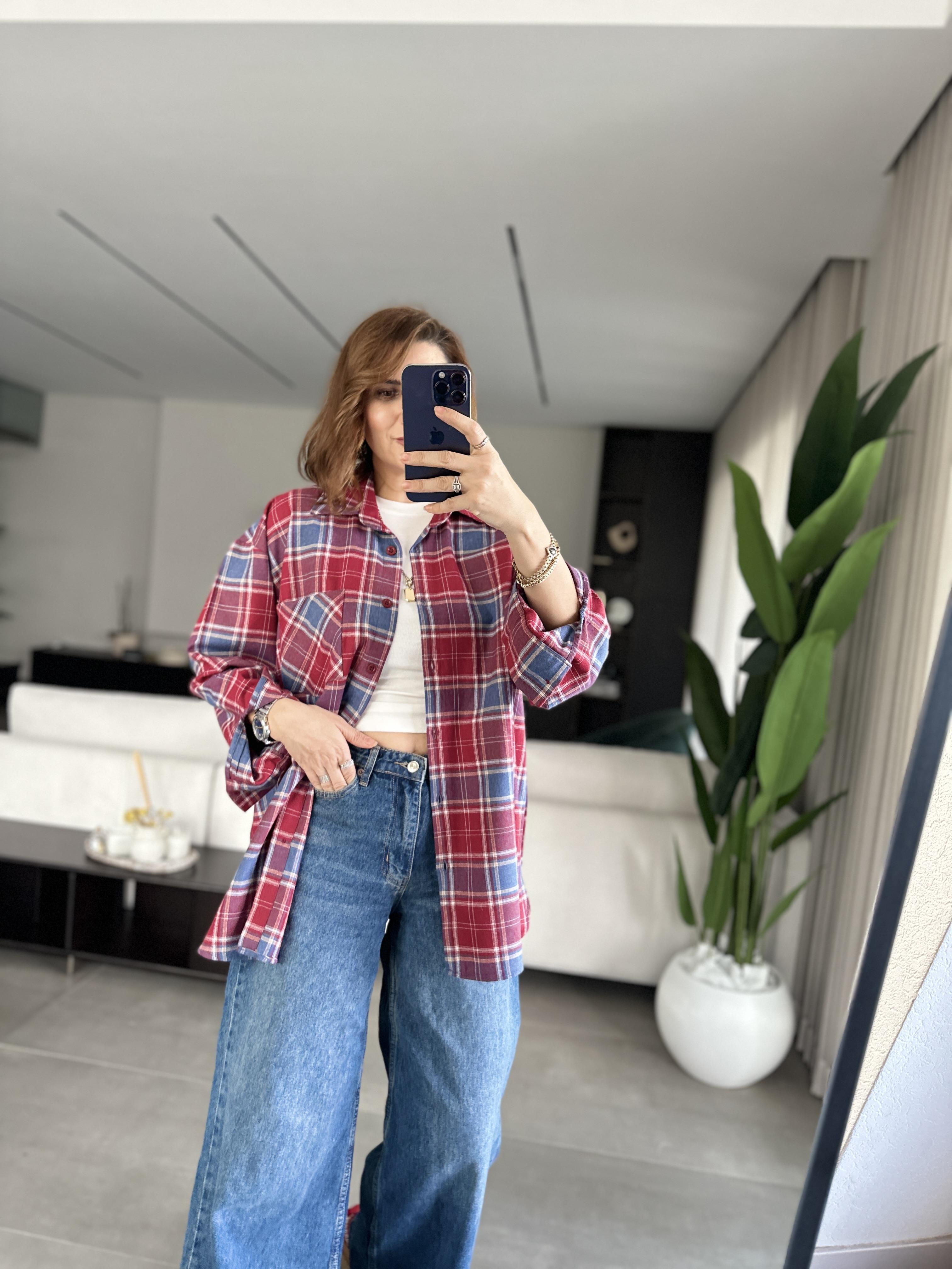 Bordo Oversize Ekoseli Gömlek