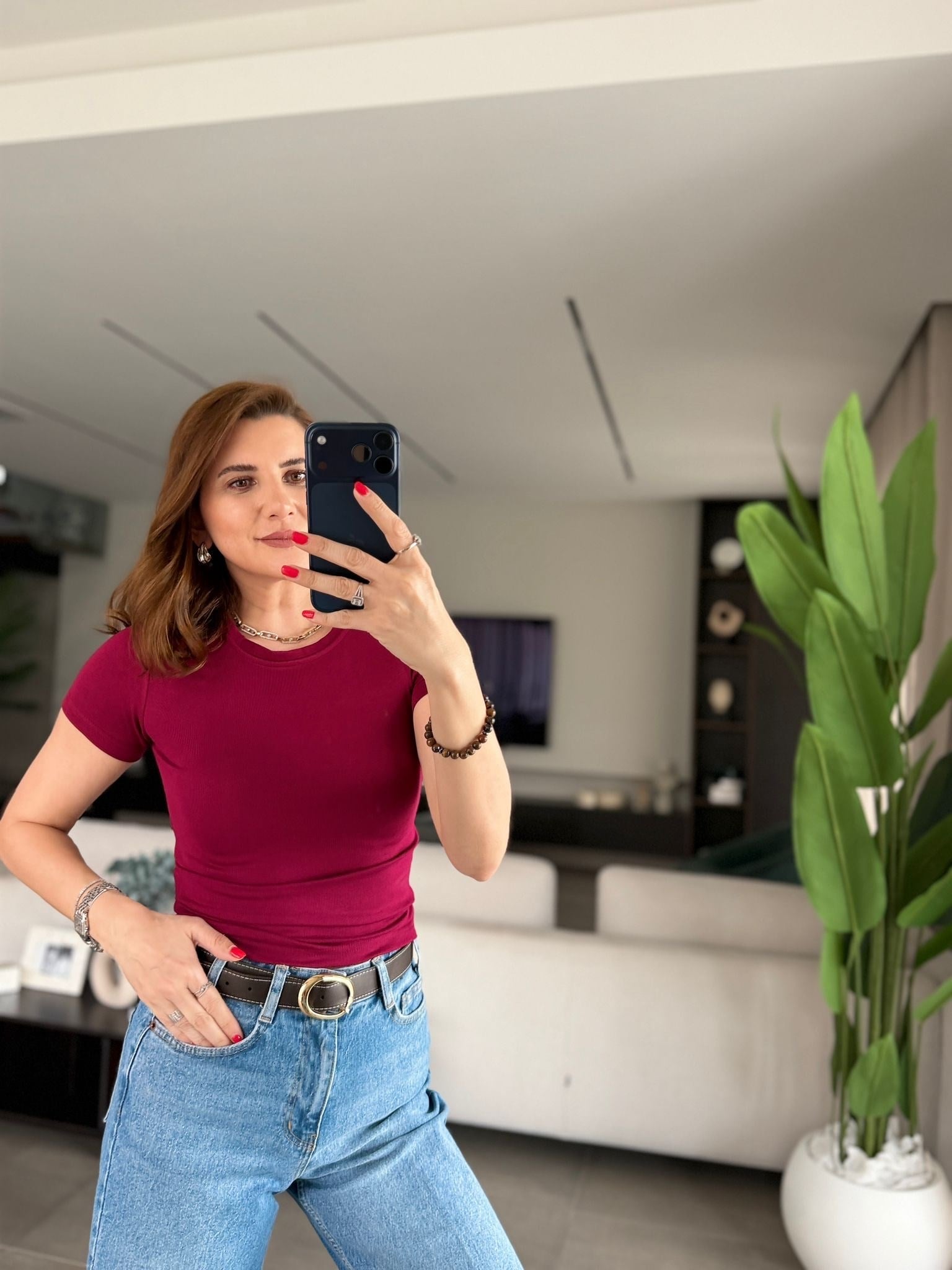 Bordo Pera Bisiklet Yaka T-shirt