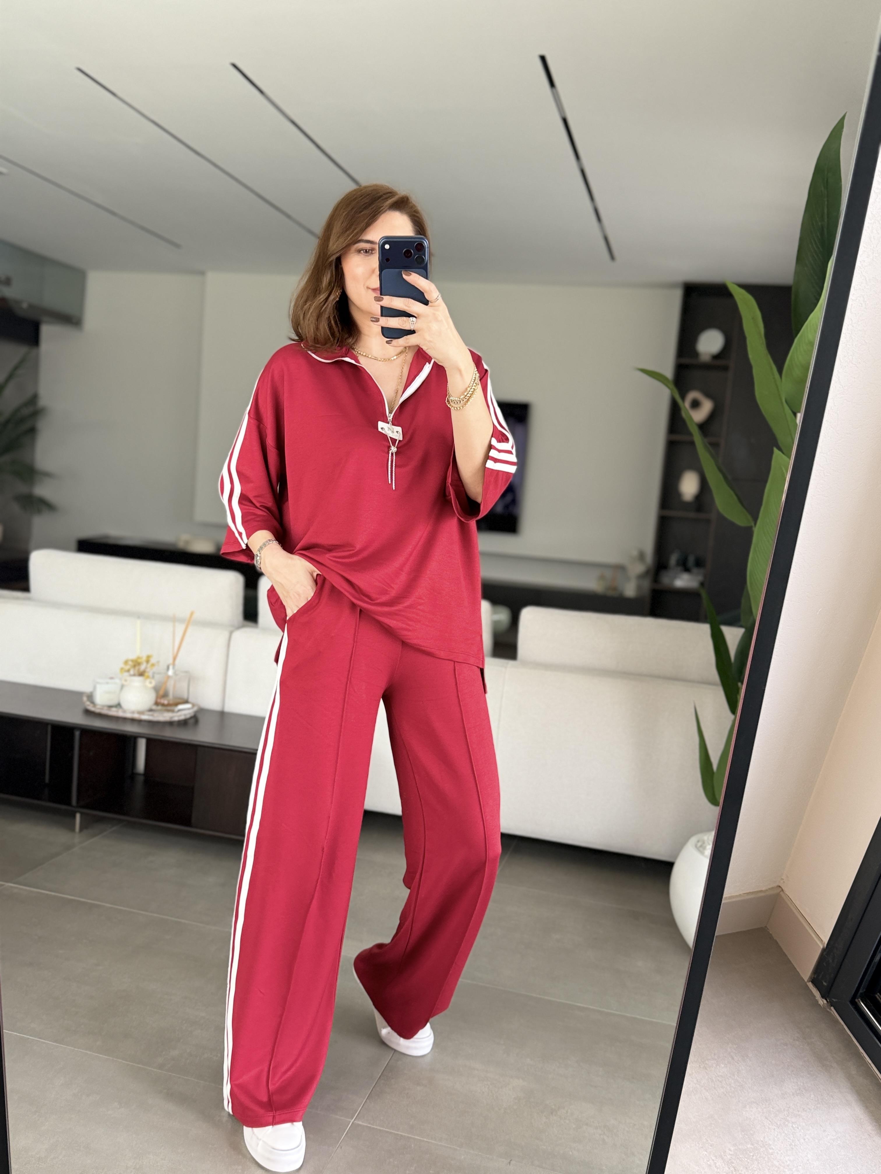 Bordo Şeritli Armalı Takım