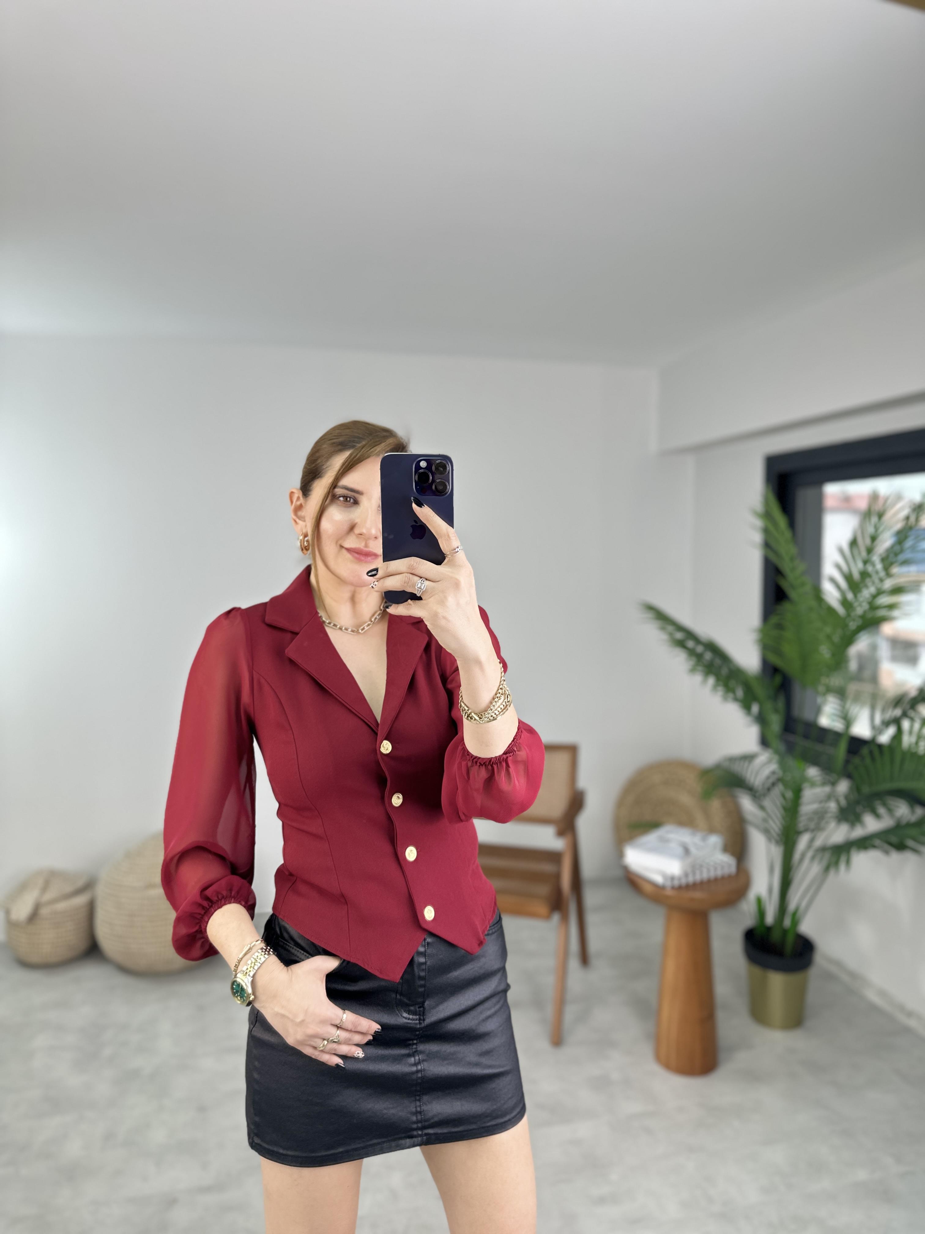 Bordo Şifon Garnili Hürrem Bluz