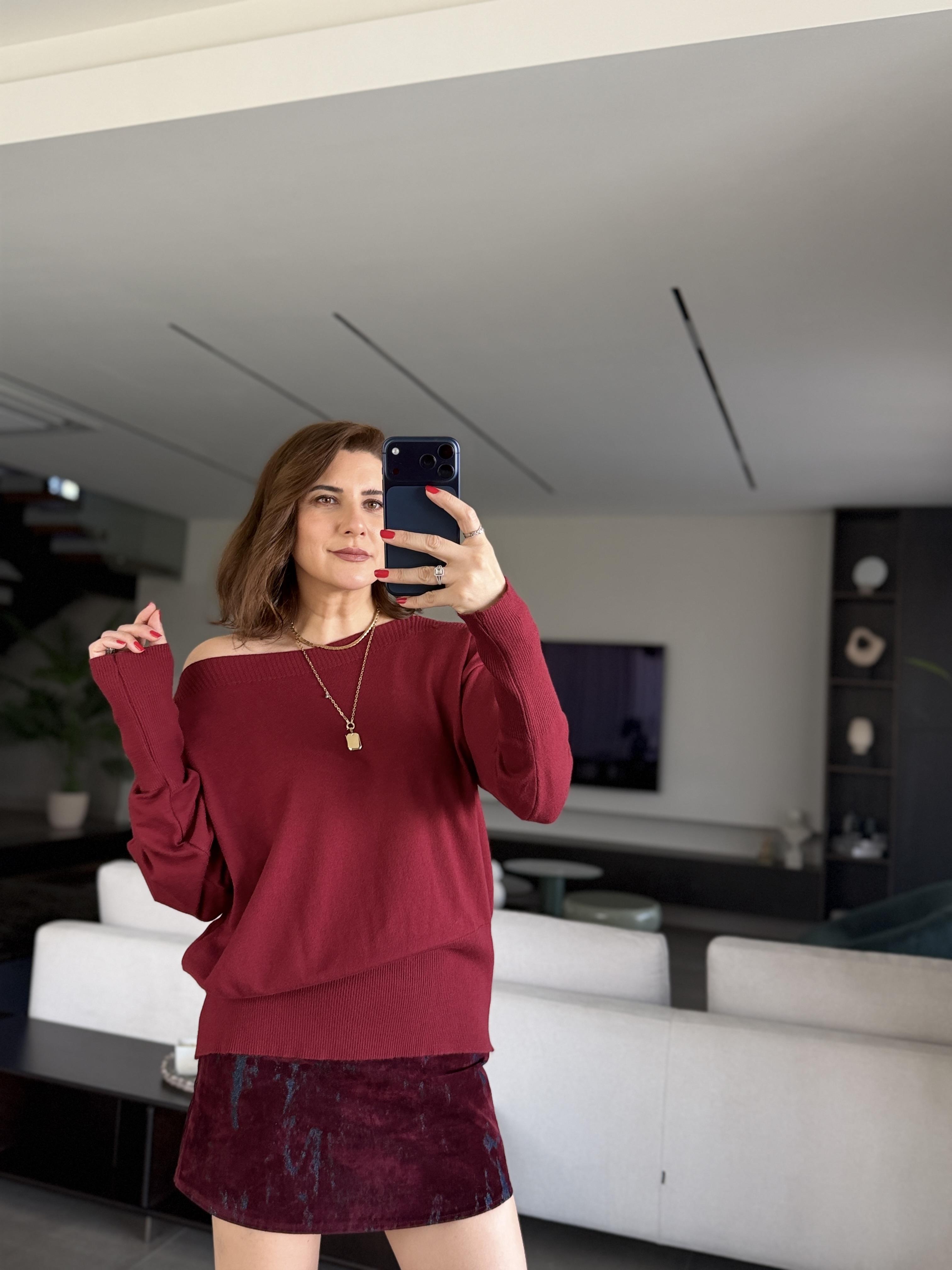 Bordo Sohu Kayık Yaka Bluz