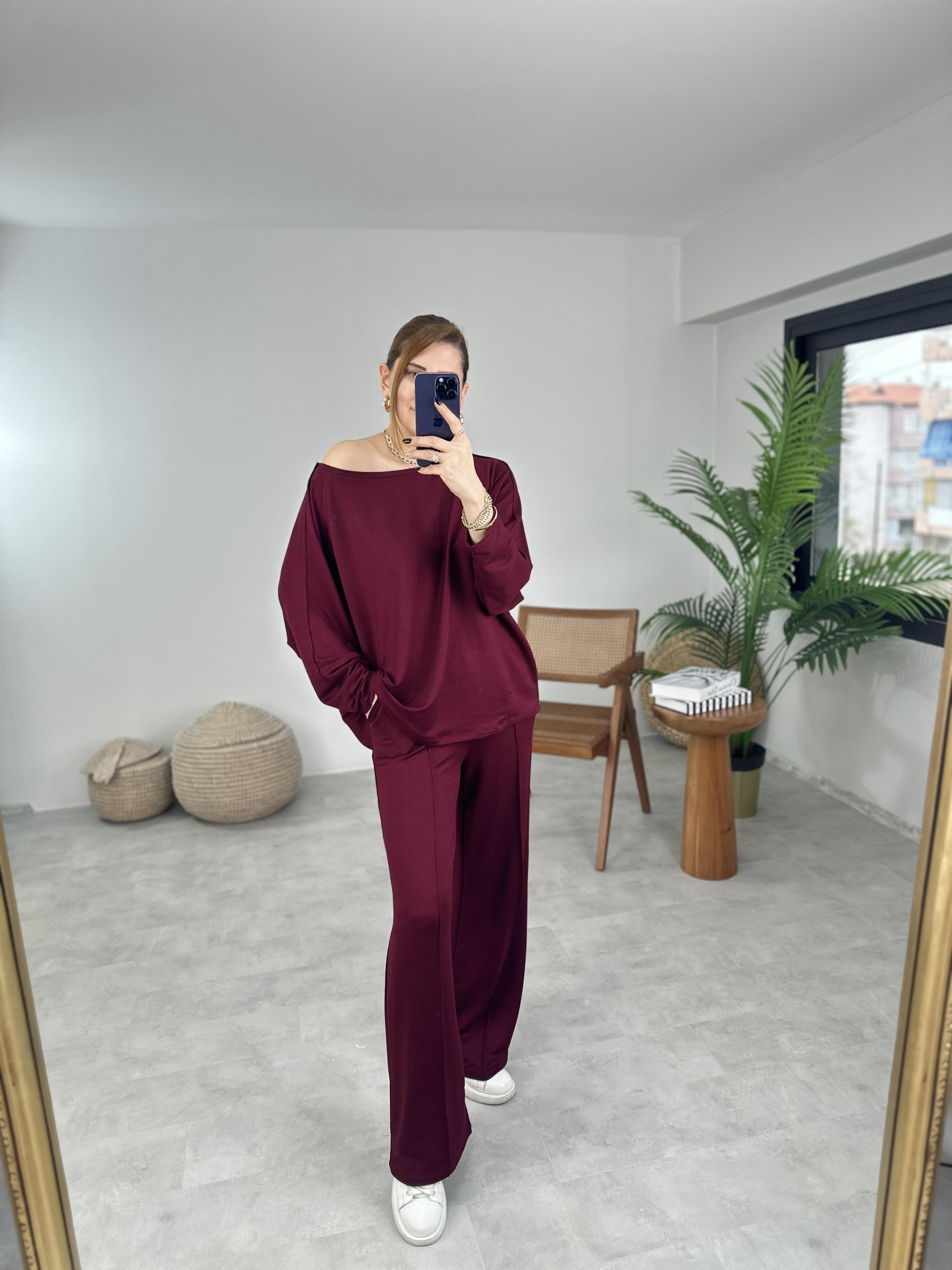 Bordo Ters Dikiş Detaylı Modal Takım