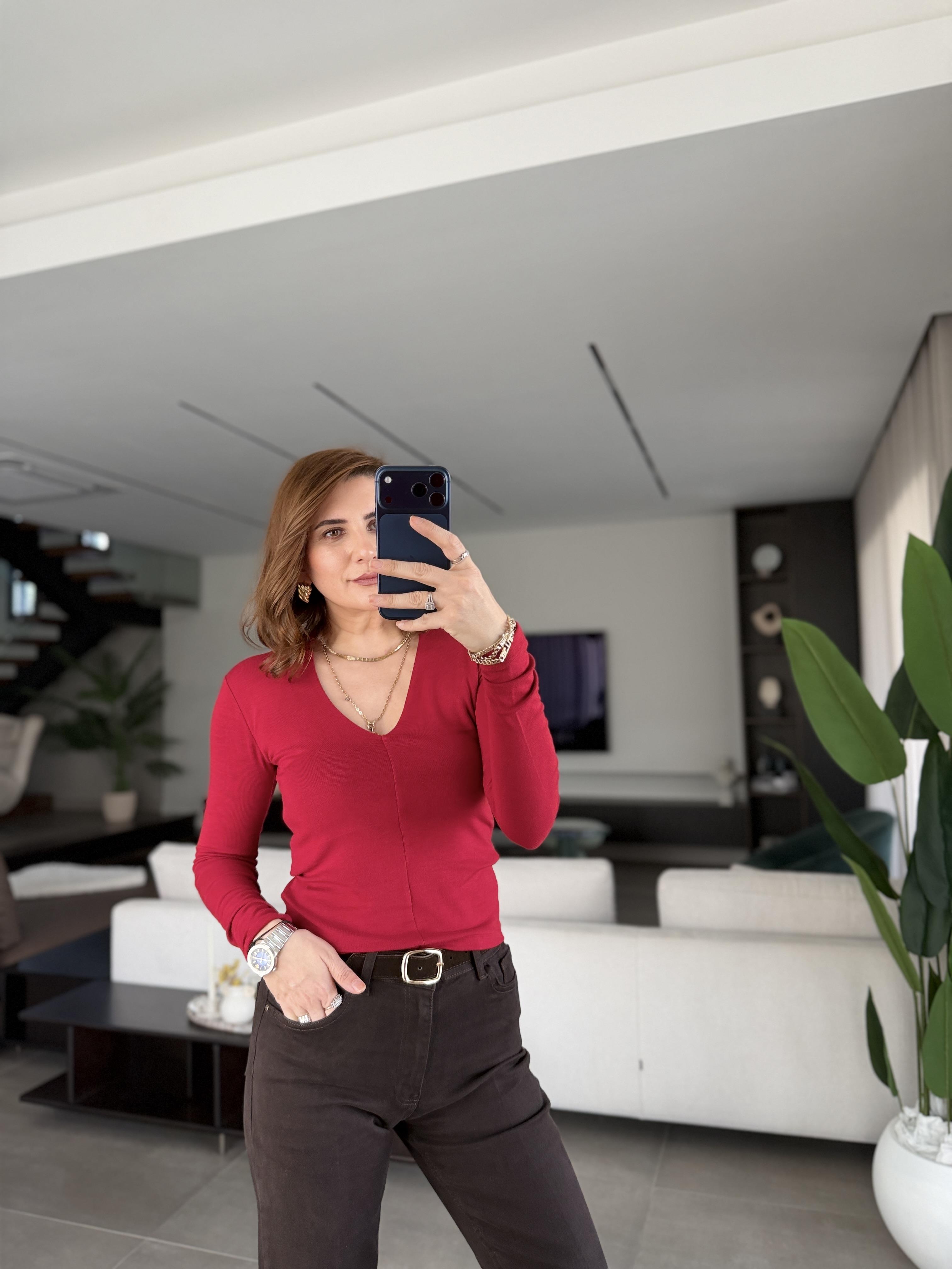 Bordo V Yaka Önü Dikişli Bluz