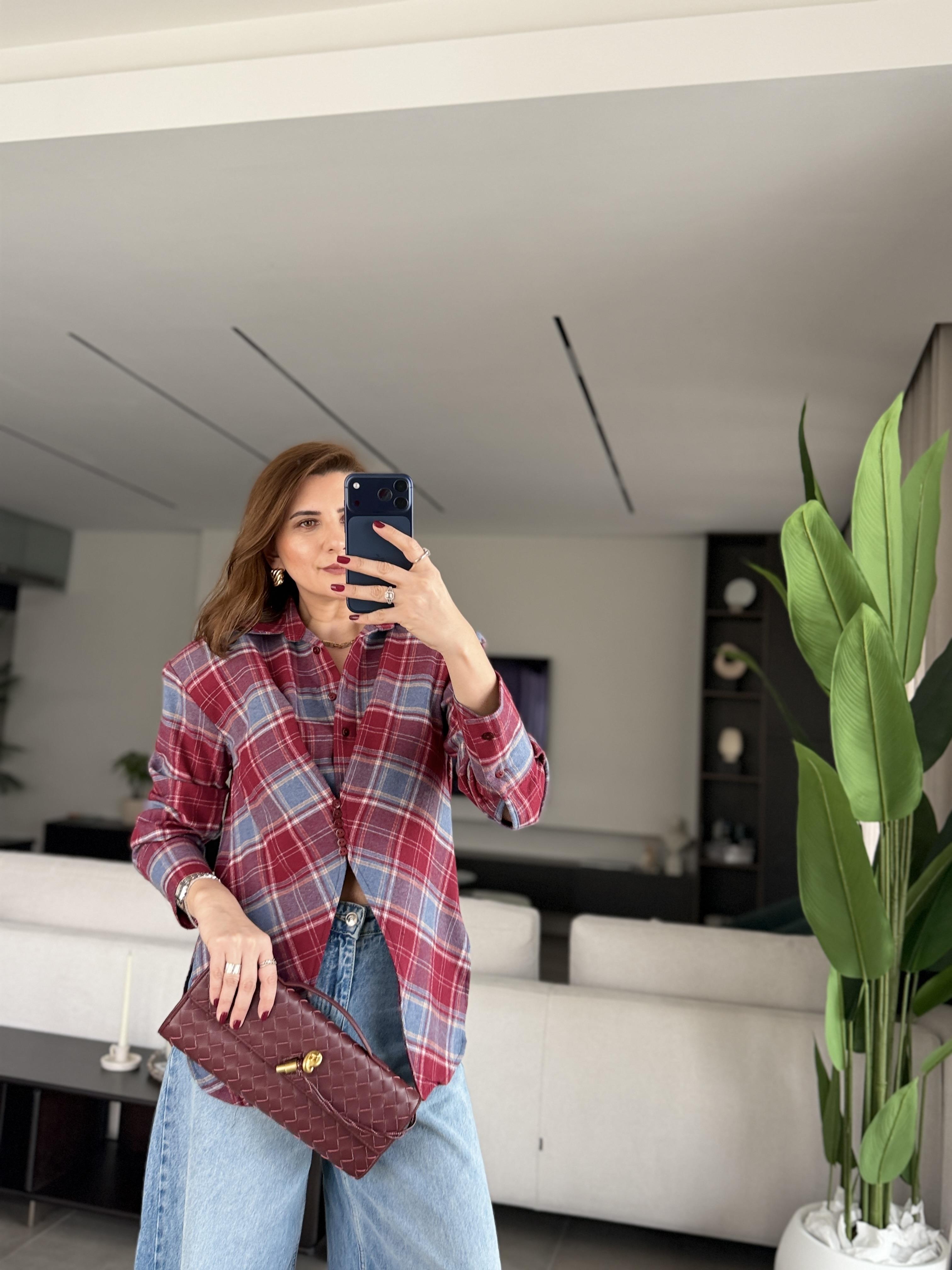 Bordo Vatkalı Ekoseli Gömlek