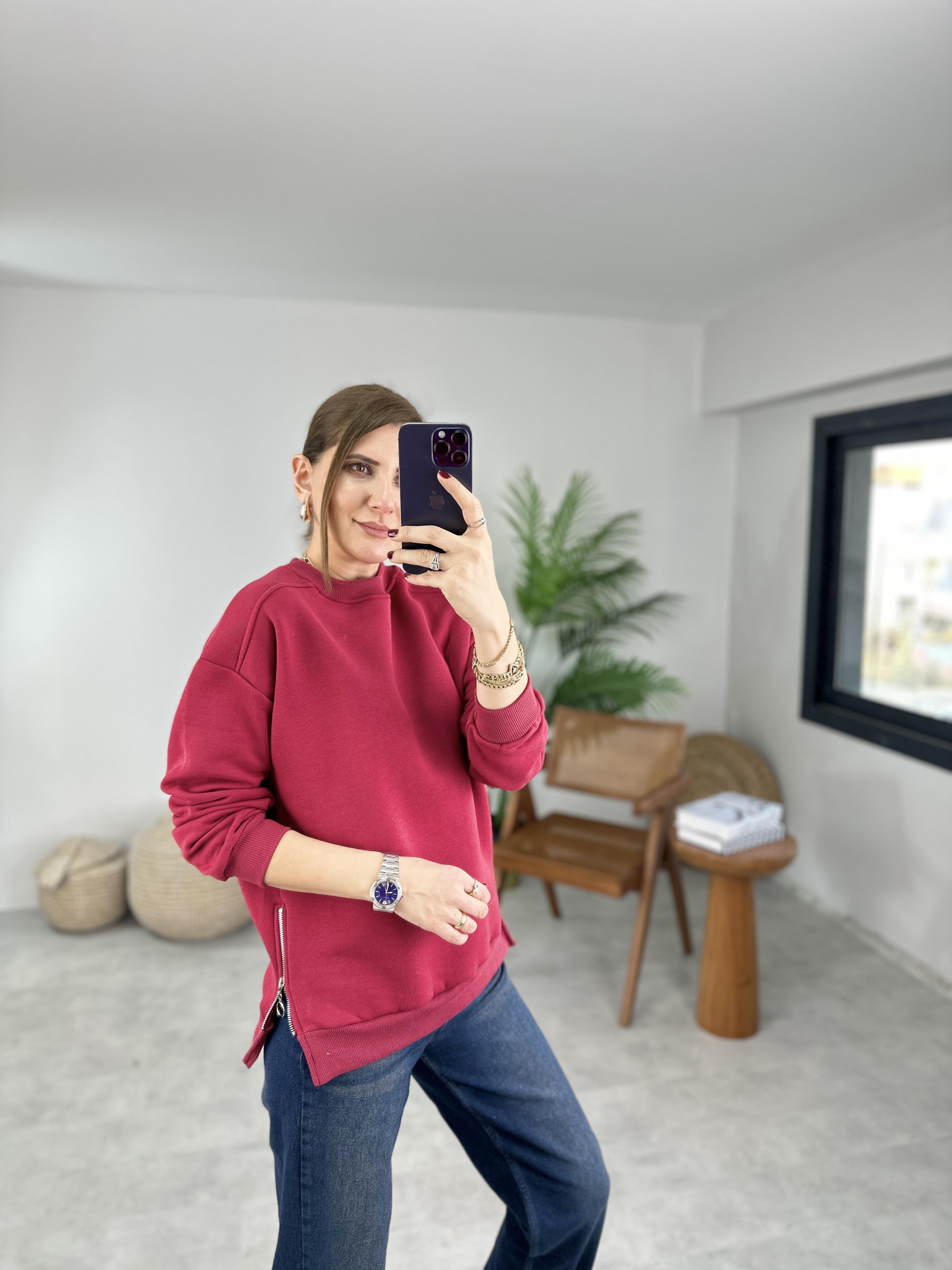 Bordo Yanı Fermuarlı Sweat