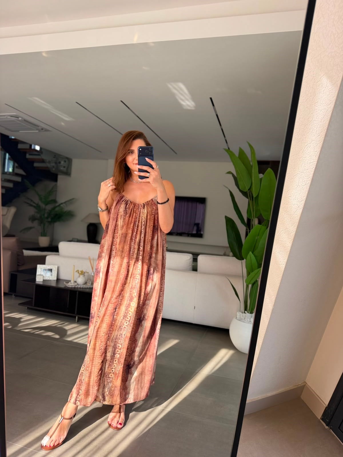 Camel Boncuk Detaylı Desenli Elbise