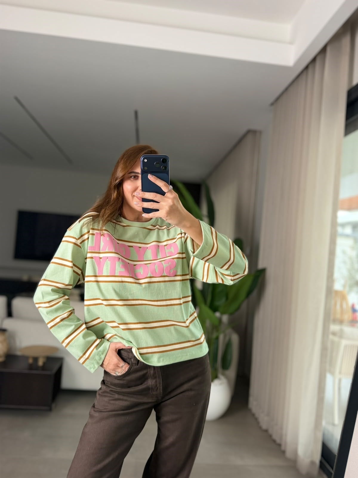 City Girl Baskılı Çizgili Sweatshırt