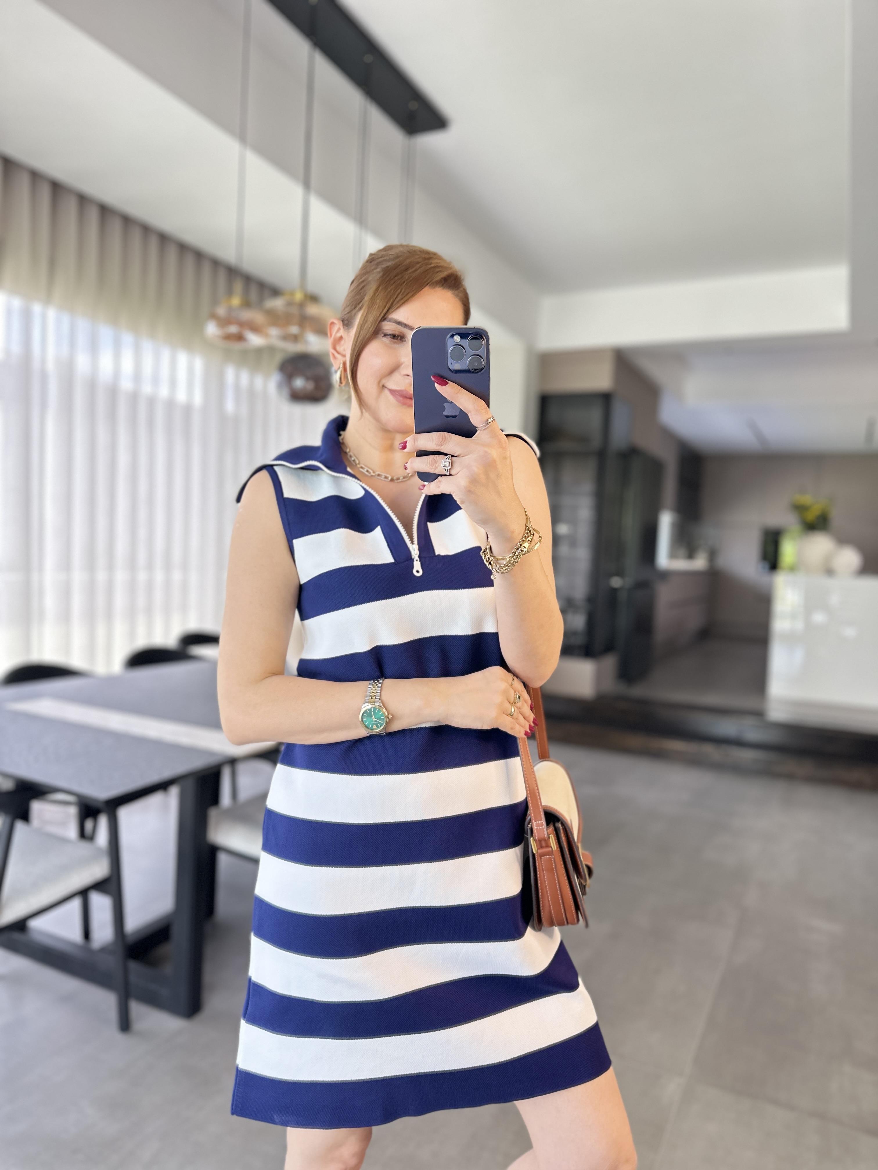 Çizgili Fermuarlı Triko Elbise