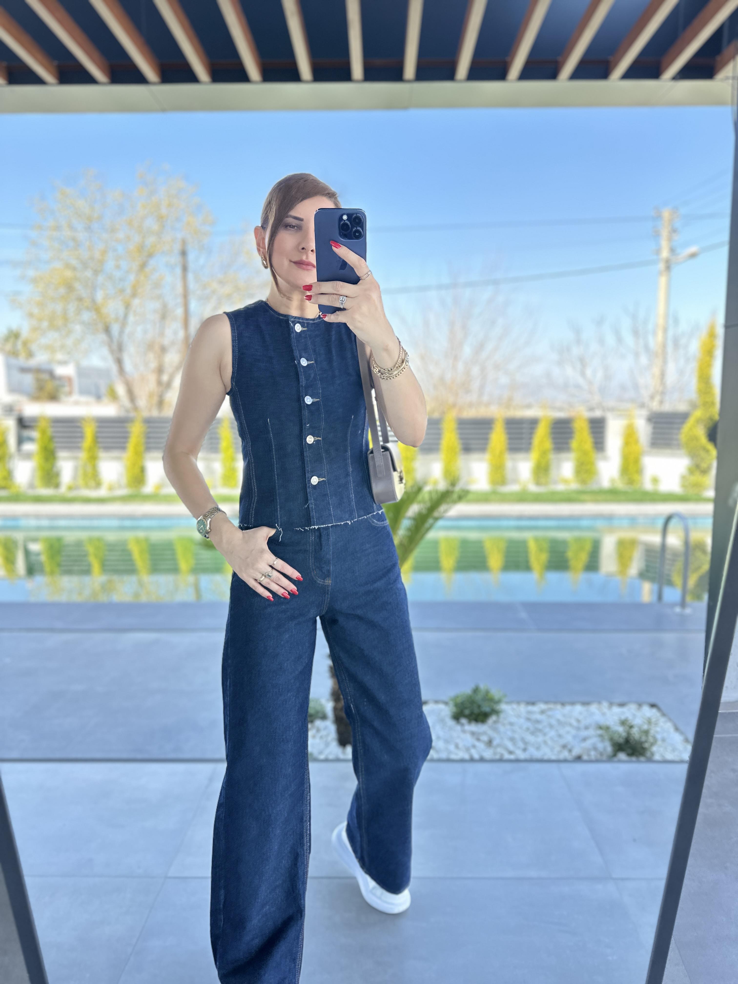 Denim Yelek Palazzo Pantolon İkili Takım