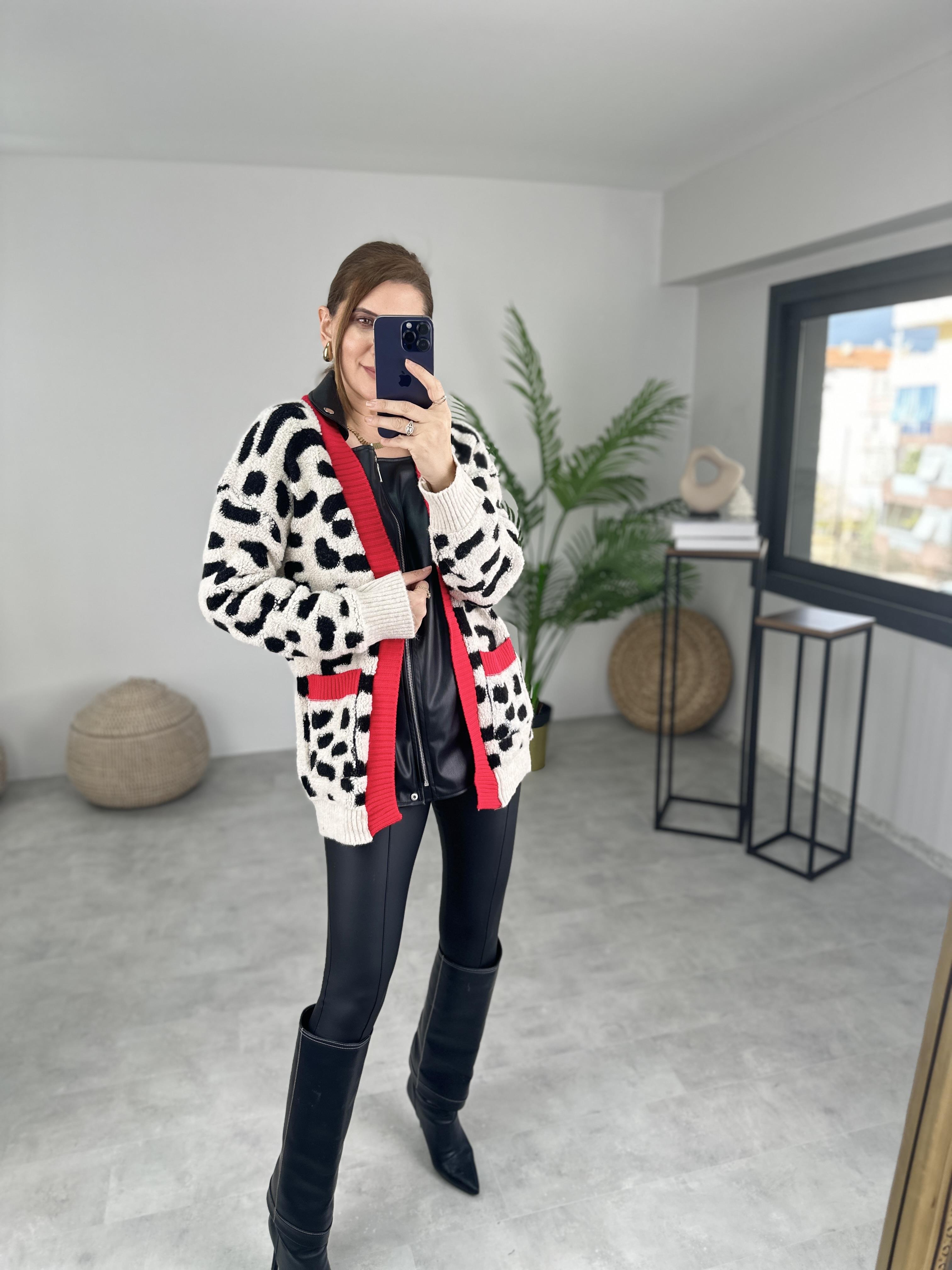 Deri Garnili Fermuarlı Hırka