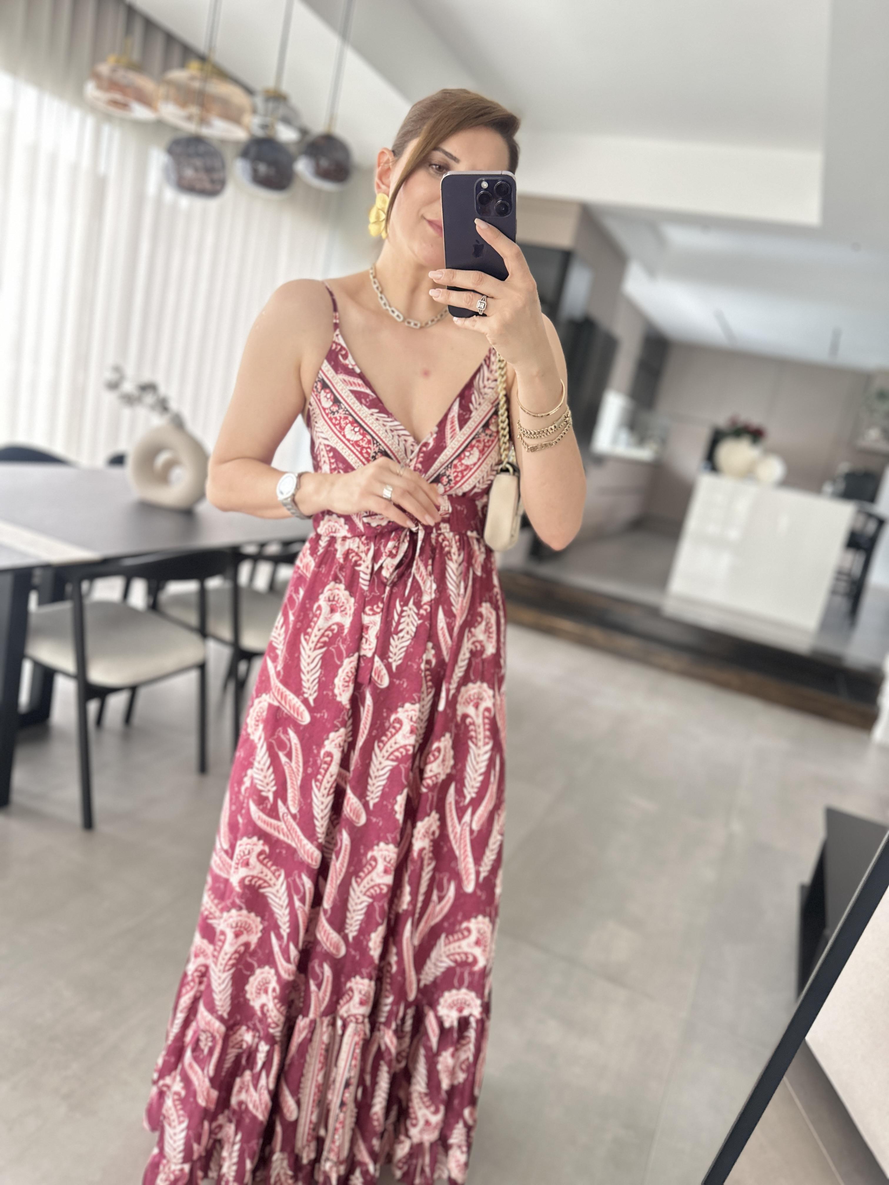 Desenli İp Askılı Elbise