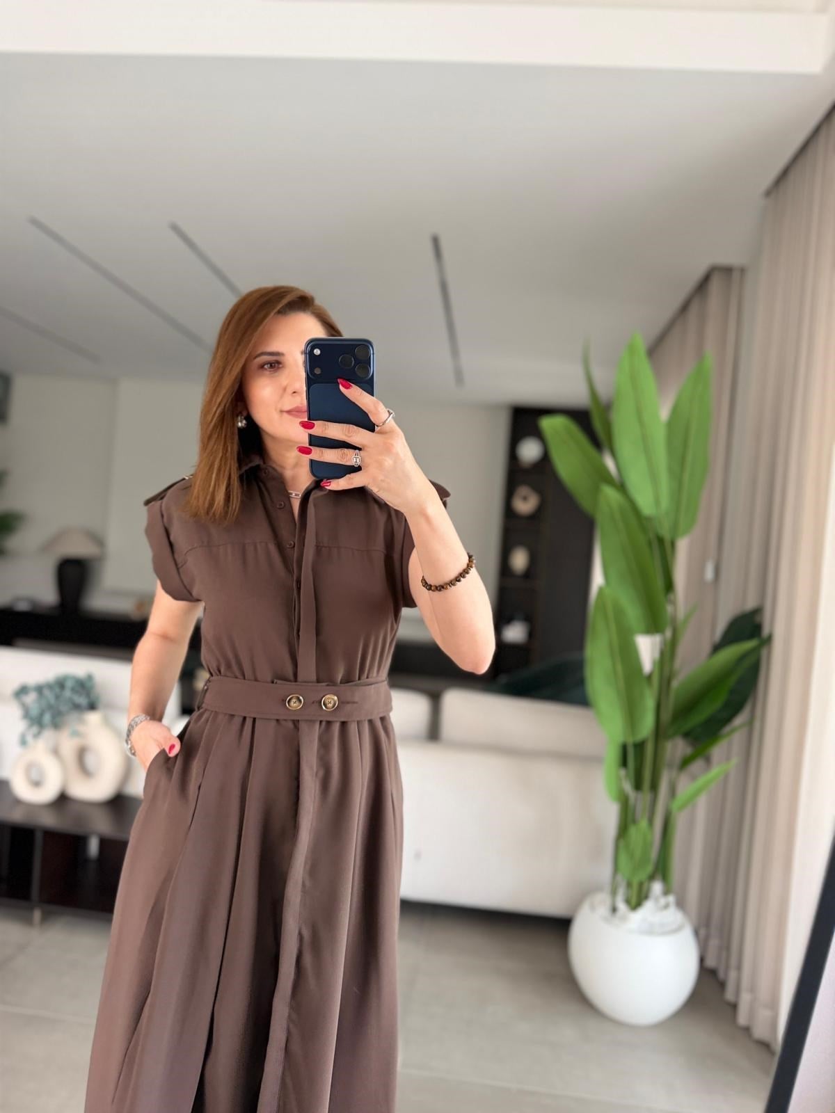 Düğmeli Kemer Detaylı Uzun Elbise