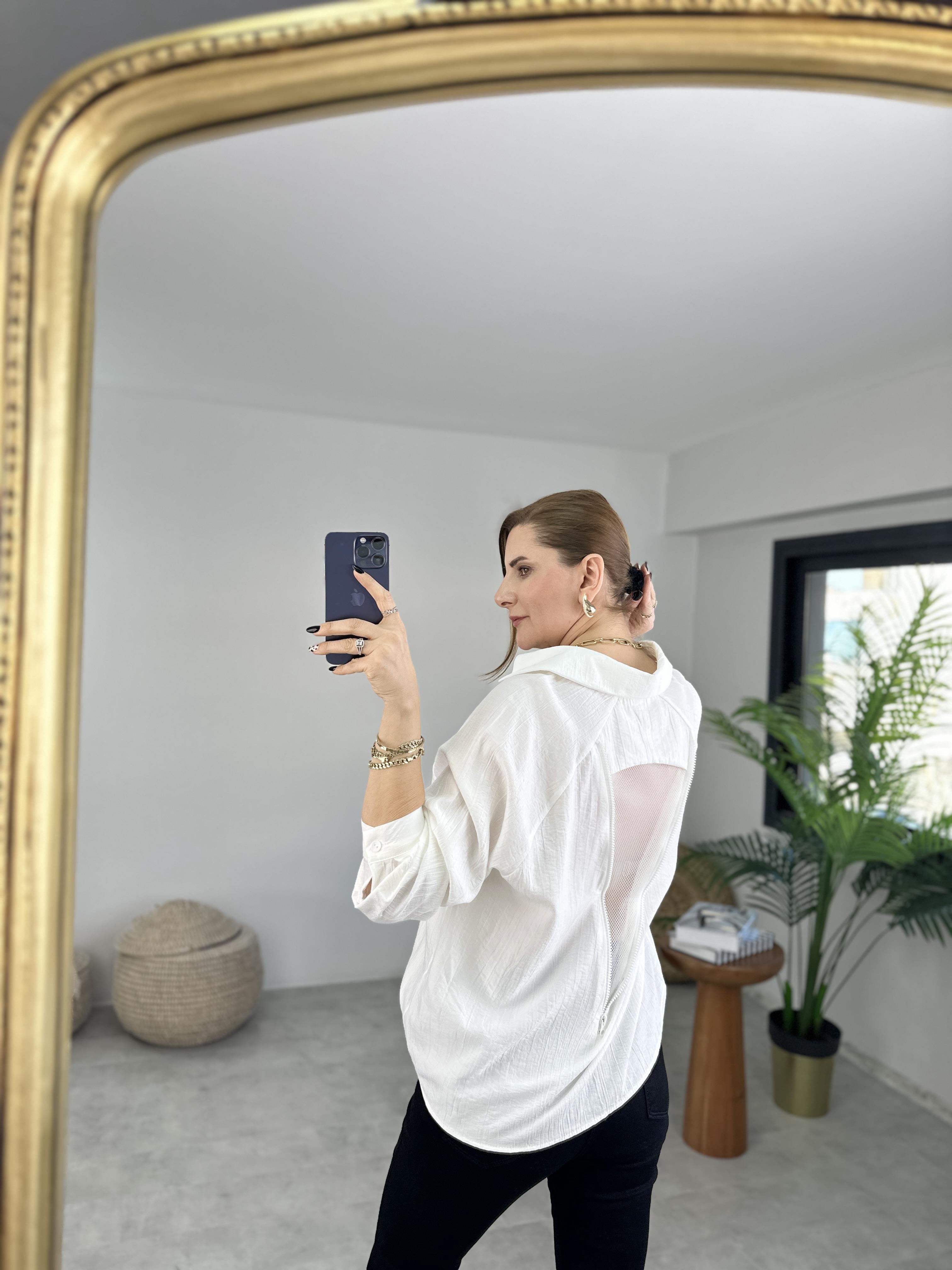 Ekru Arkası Fermuarlı Fileli Gömlek