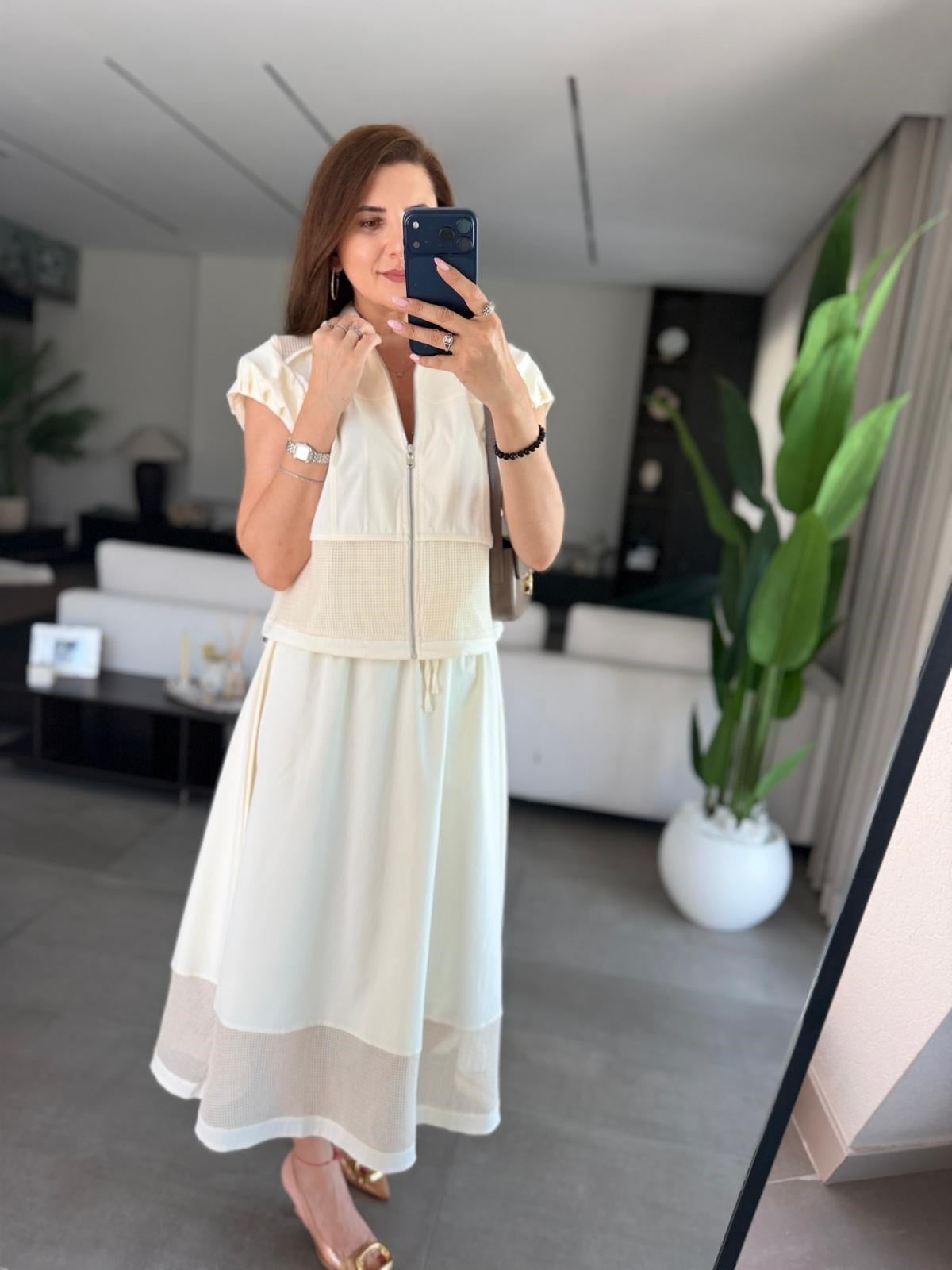 Ekru Büzgülü Kol Fileli Yelek Etek Takım