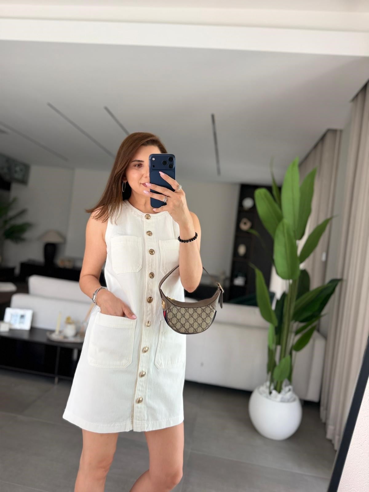 Ekru Gold Düğmeli Cepli Kot Elbise