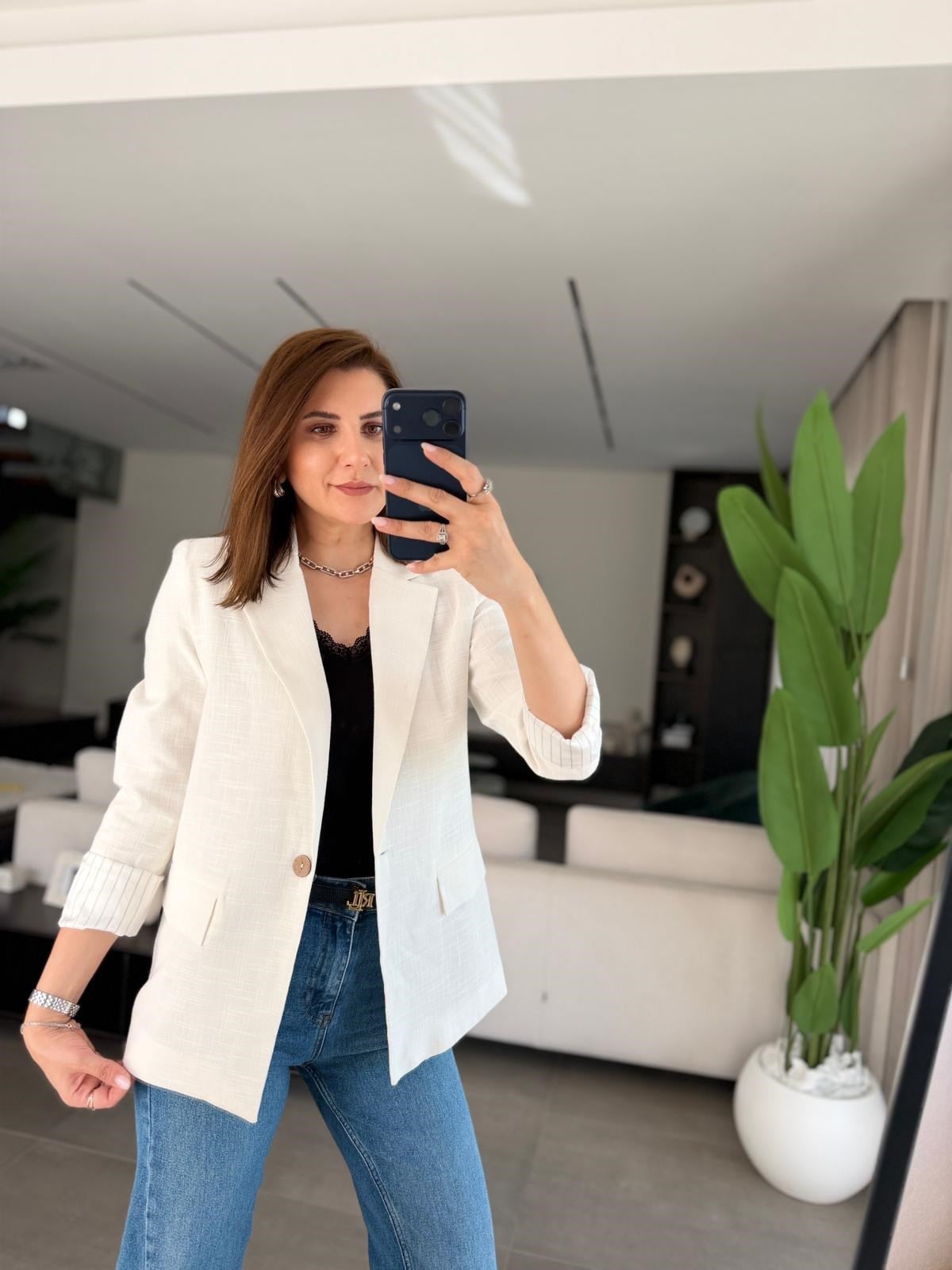 Ekru Kol Katlamalı Keten Astarlı Blazer Ceket