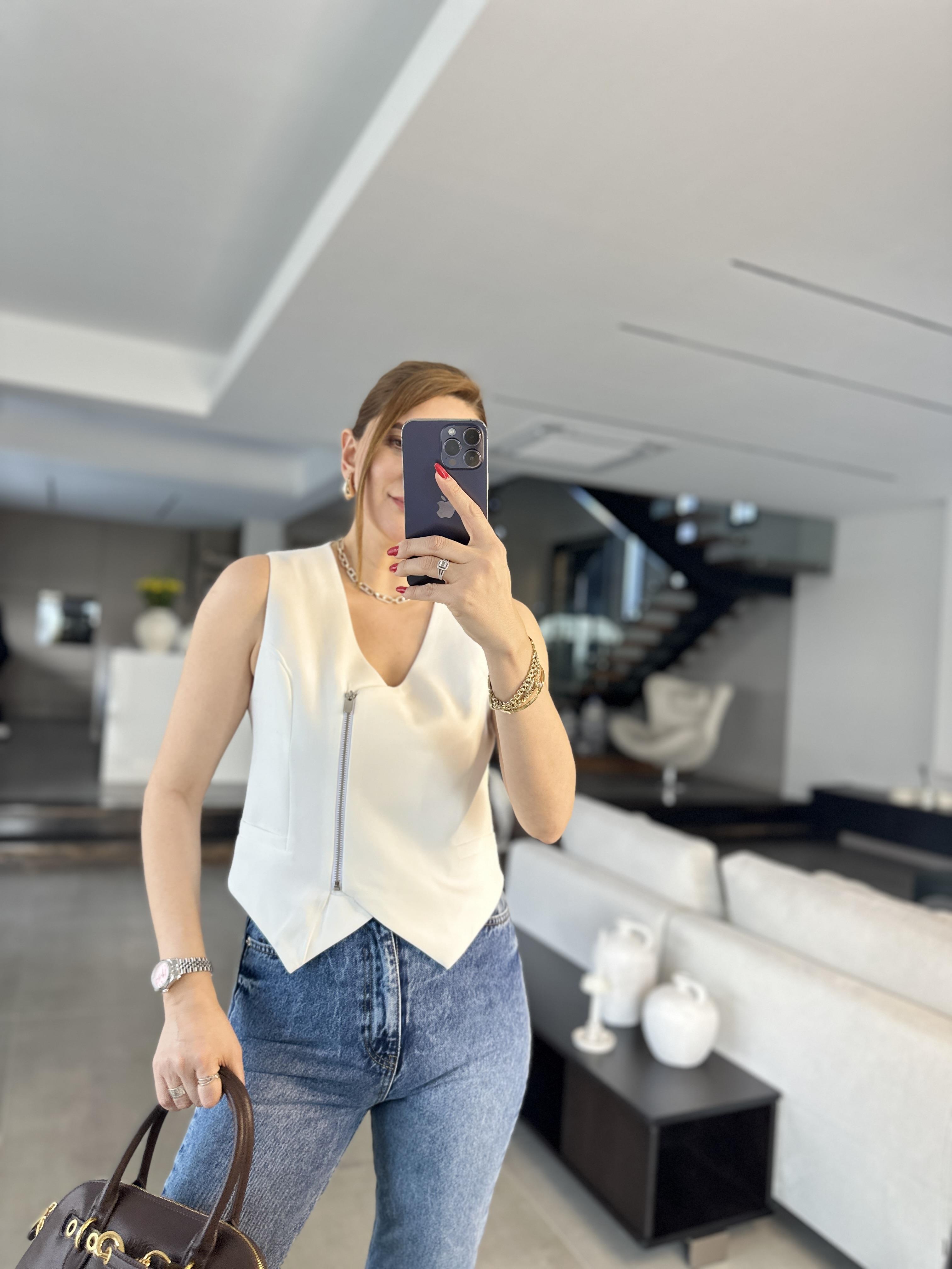Fermuarlı Cep Görünümlü Blazer Yelek
