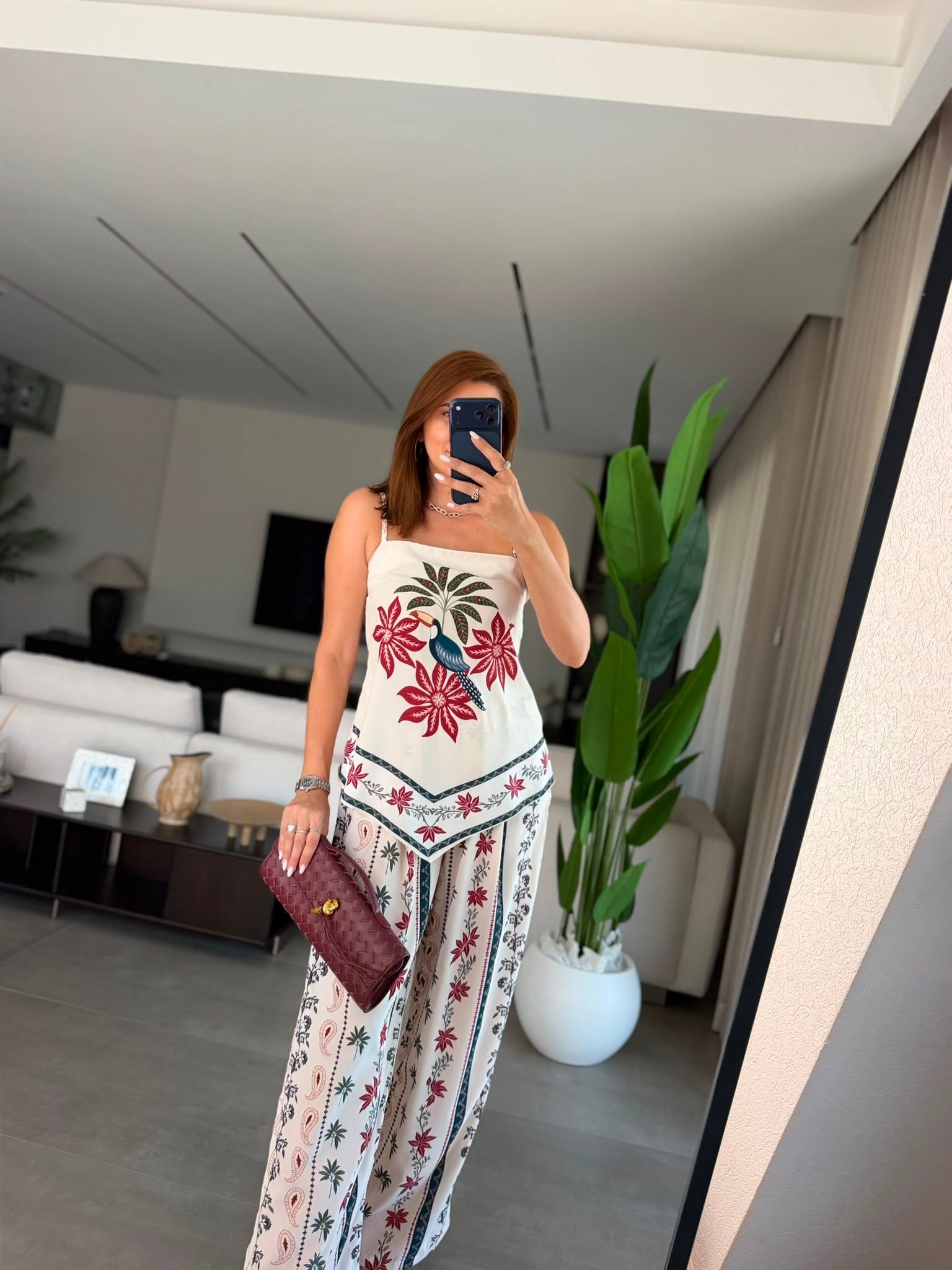 Flora Kuş Desenli Saten Takım