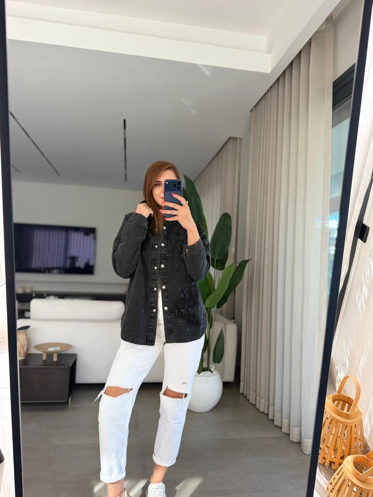 Füme İnci Çiçek İşlemeli Denim Ceket
