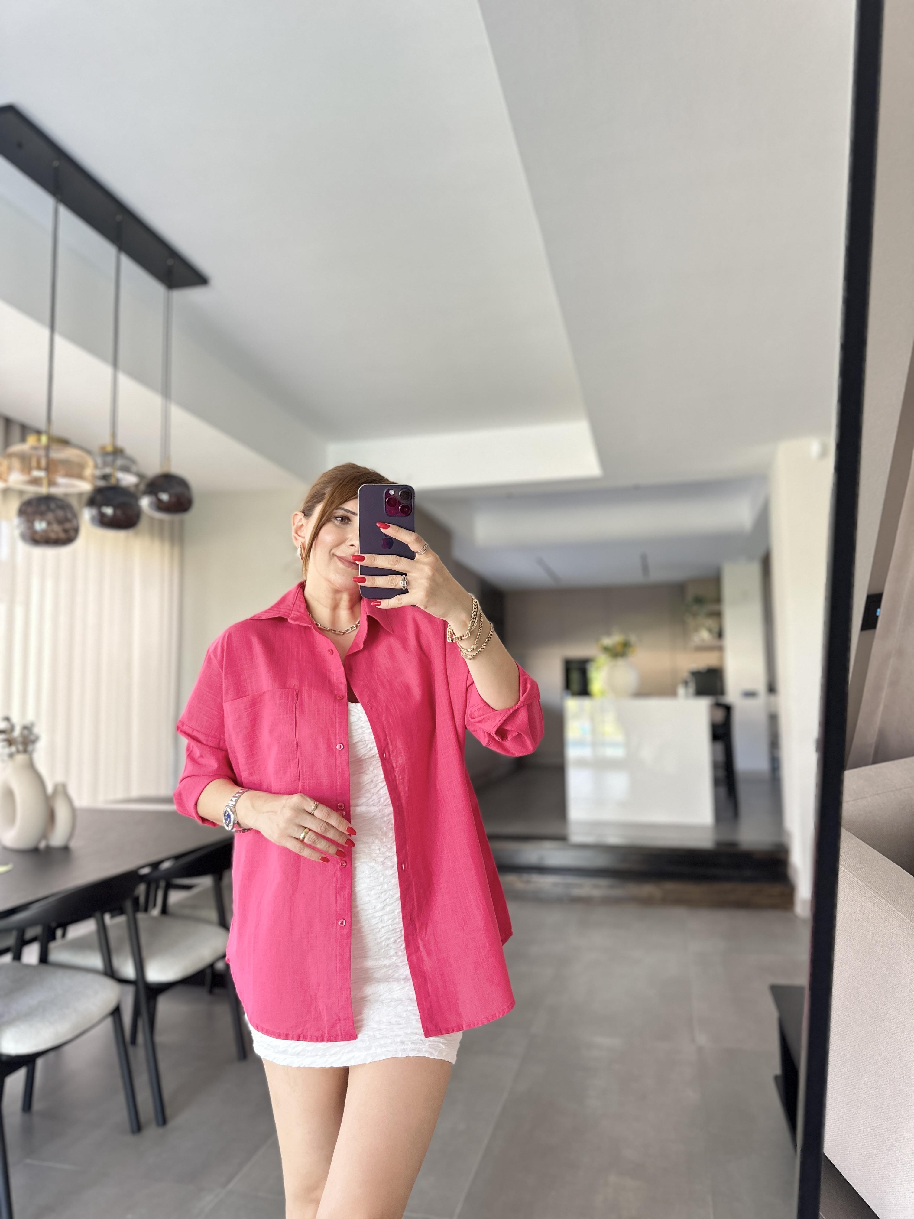 Fuşya Cep Detaylı Oversize Gömlek