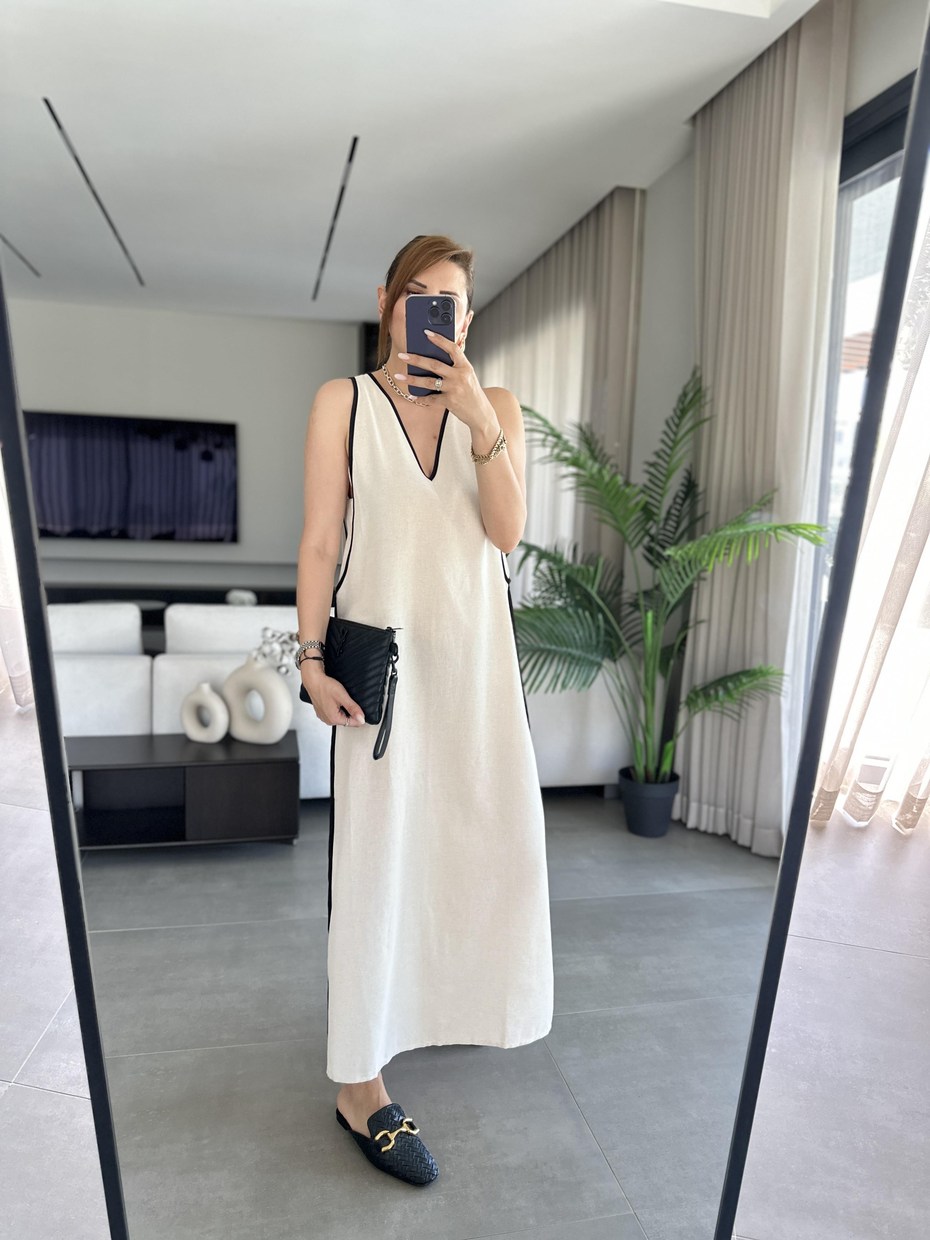 Gabardin V Yaka Keten Elbise