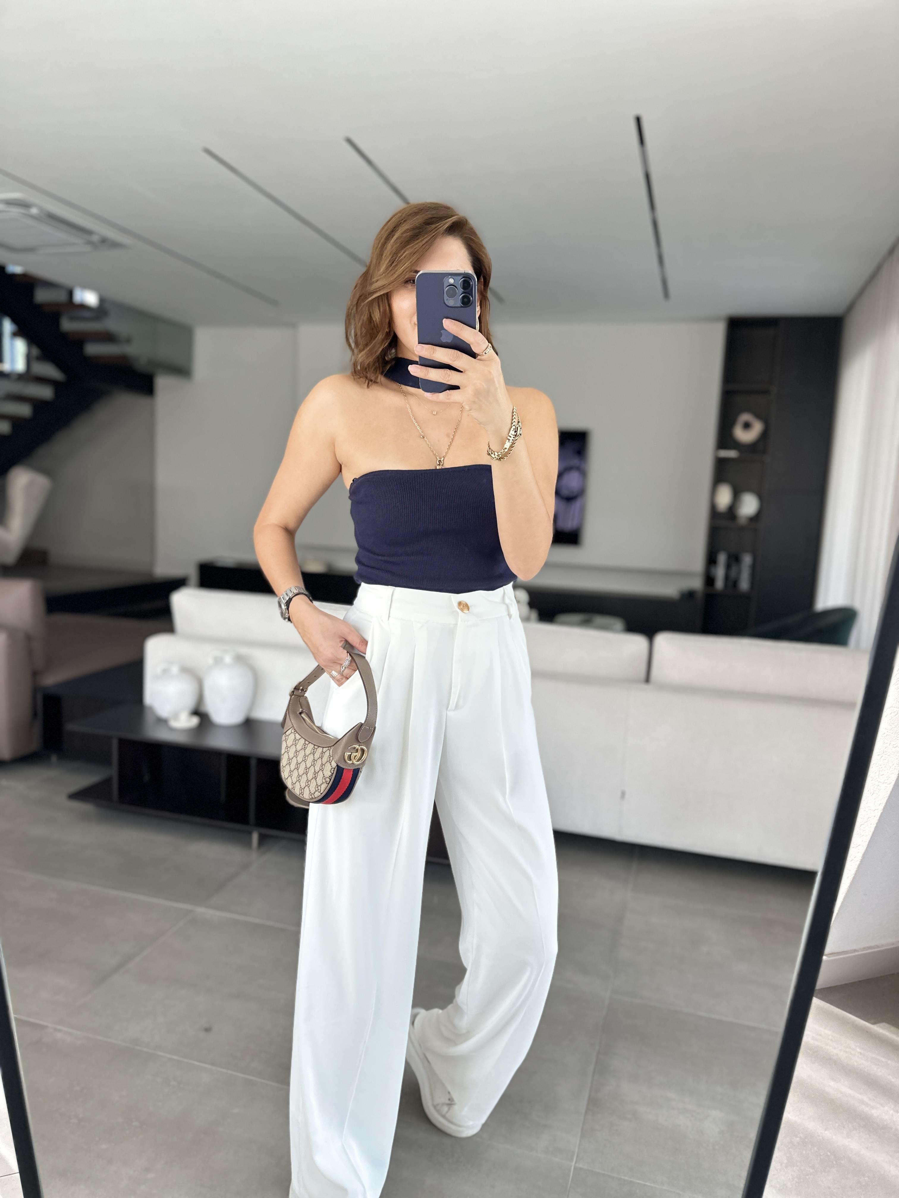 Gold Düğmeli Bel Pileli Geniş Paça Pantolon