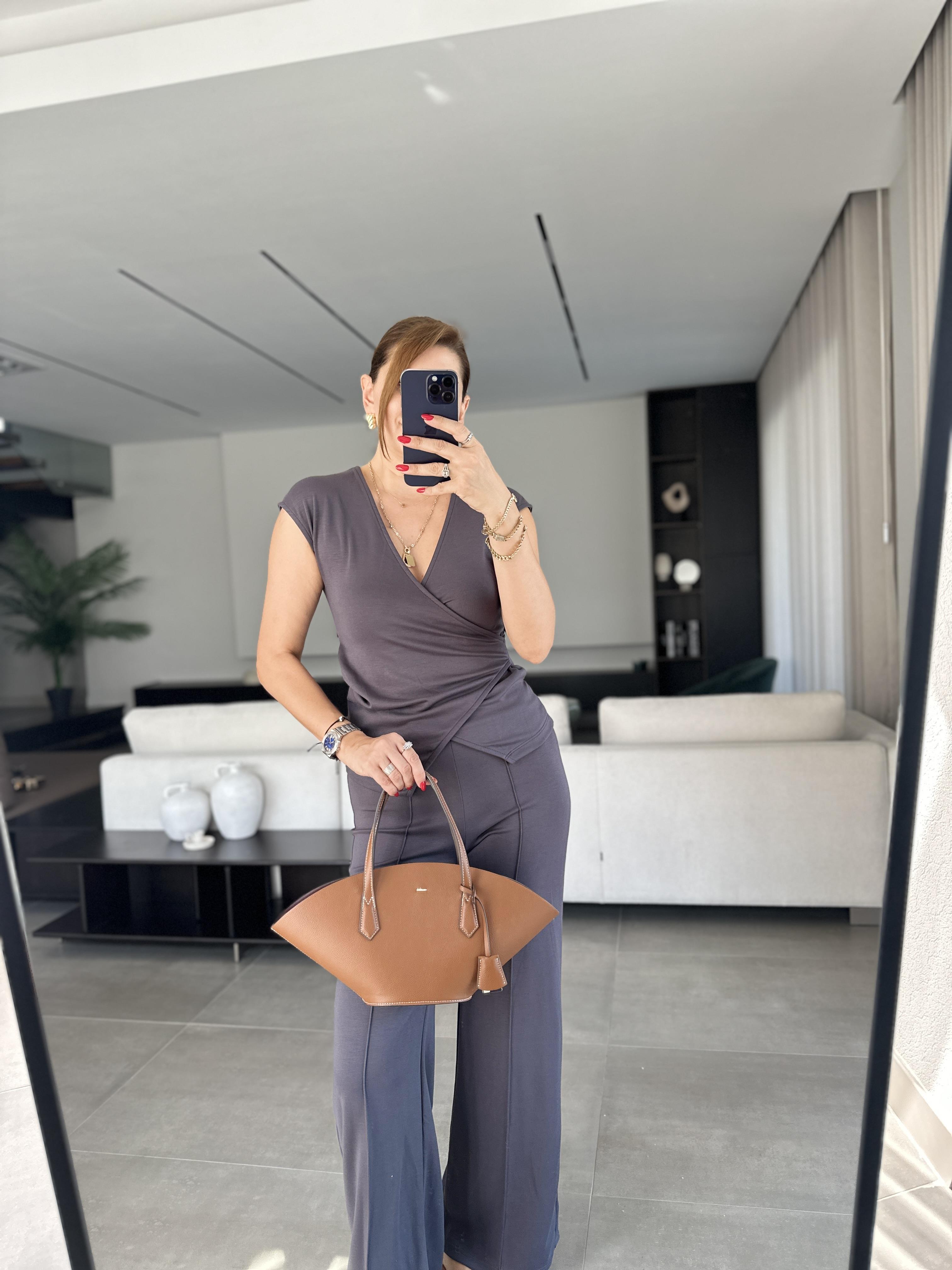 Gri Kruvaze Yaka Yan Büzgülü Pantolon Takım