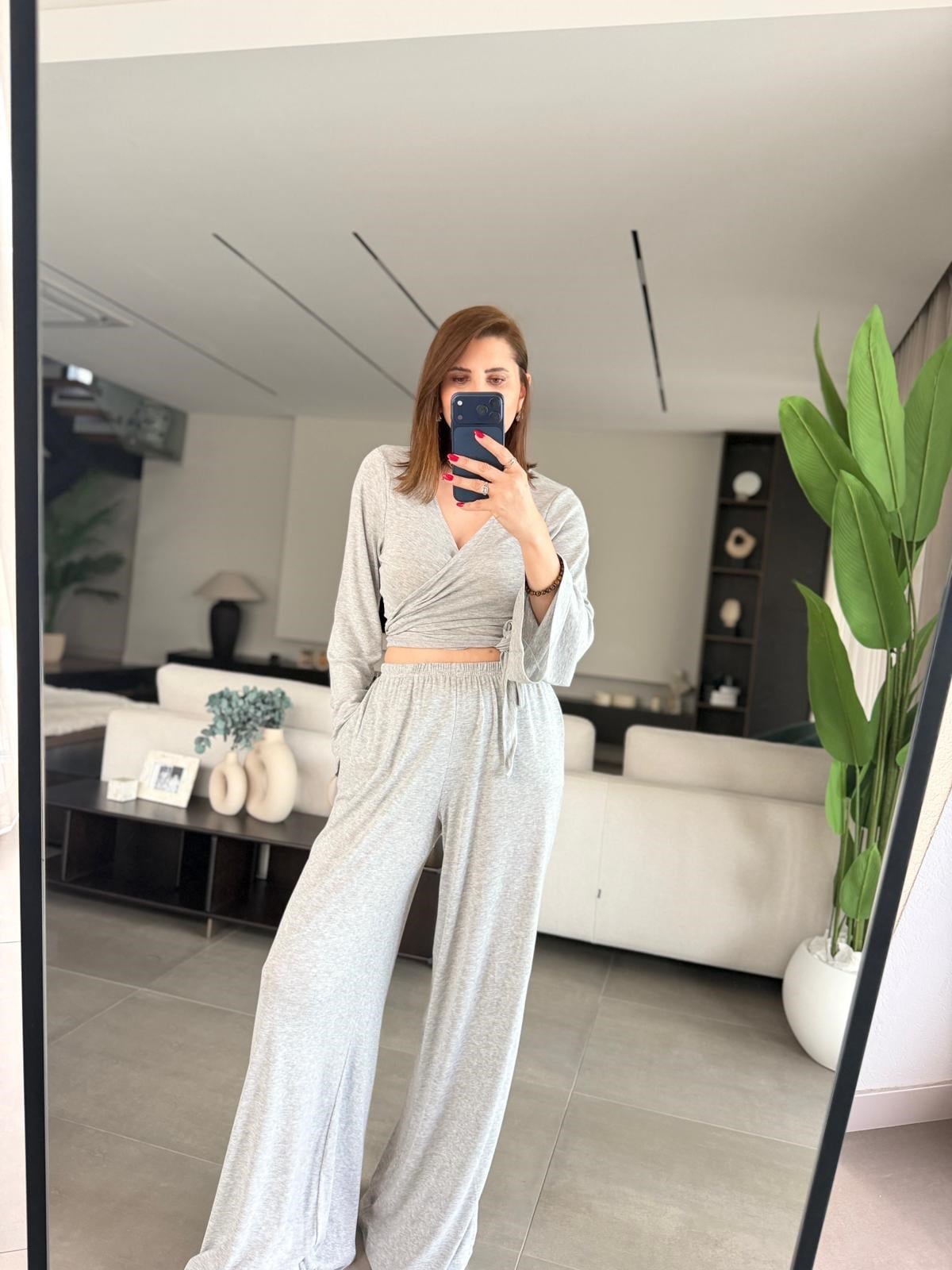 Gri Önü Bağlamalı Pantolon Takım