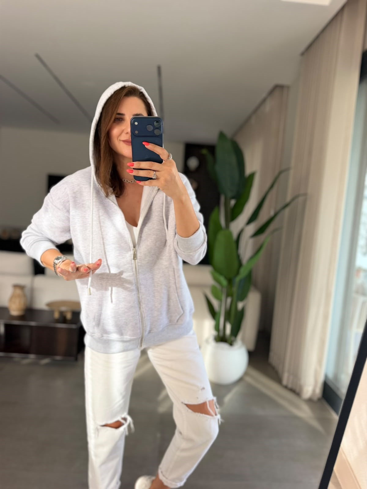 Gri Üç İplik Kapşonlu Oversize Ceket