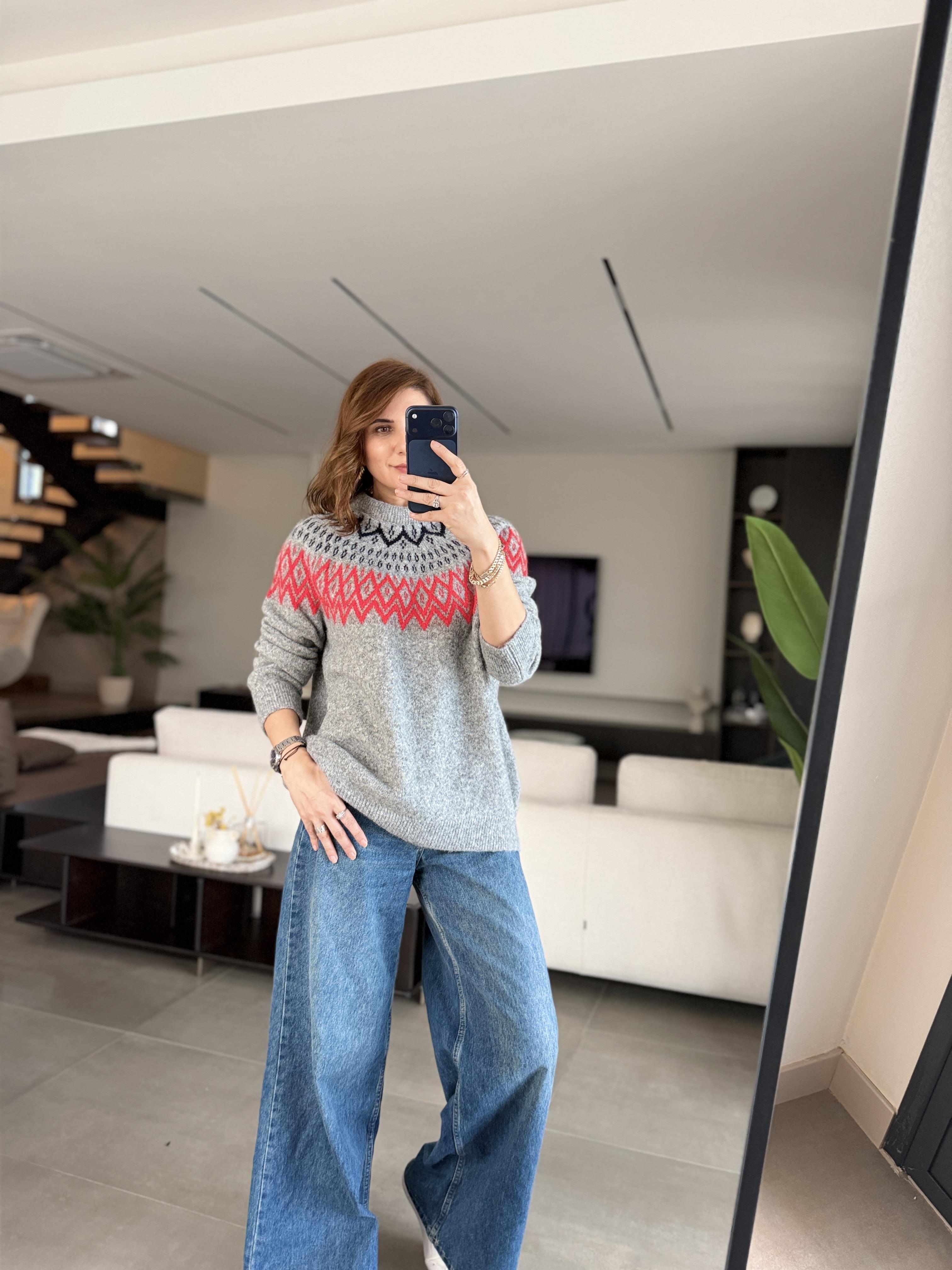 Gri Zigzag Desenli Kazak