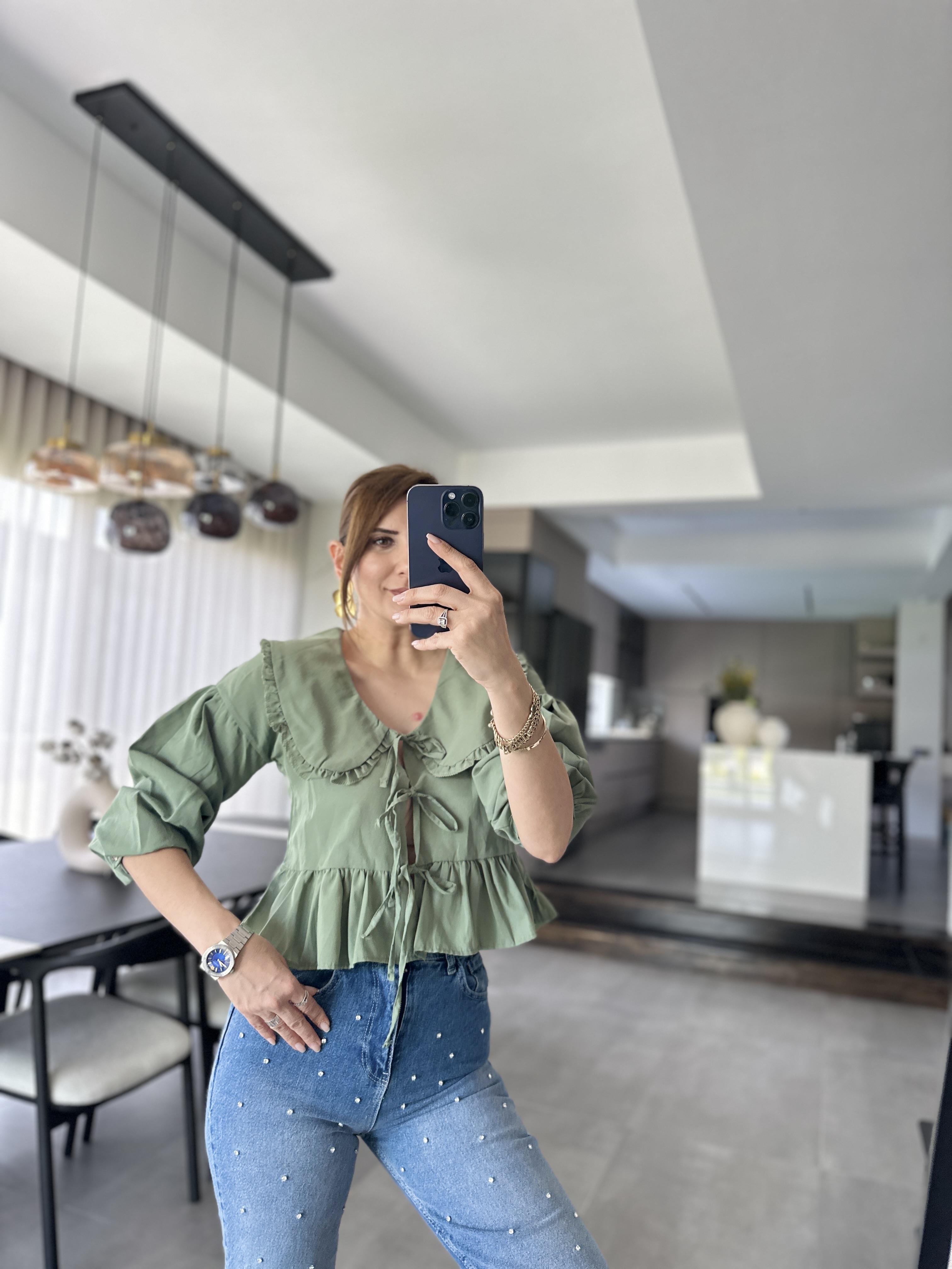 Haki Apeldo Önü Bağlamalı Bluz
