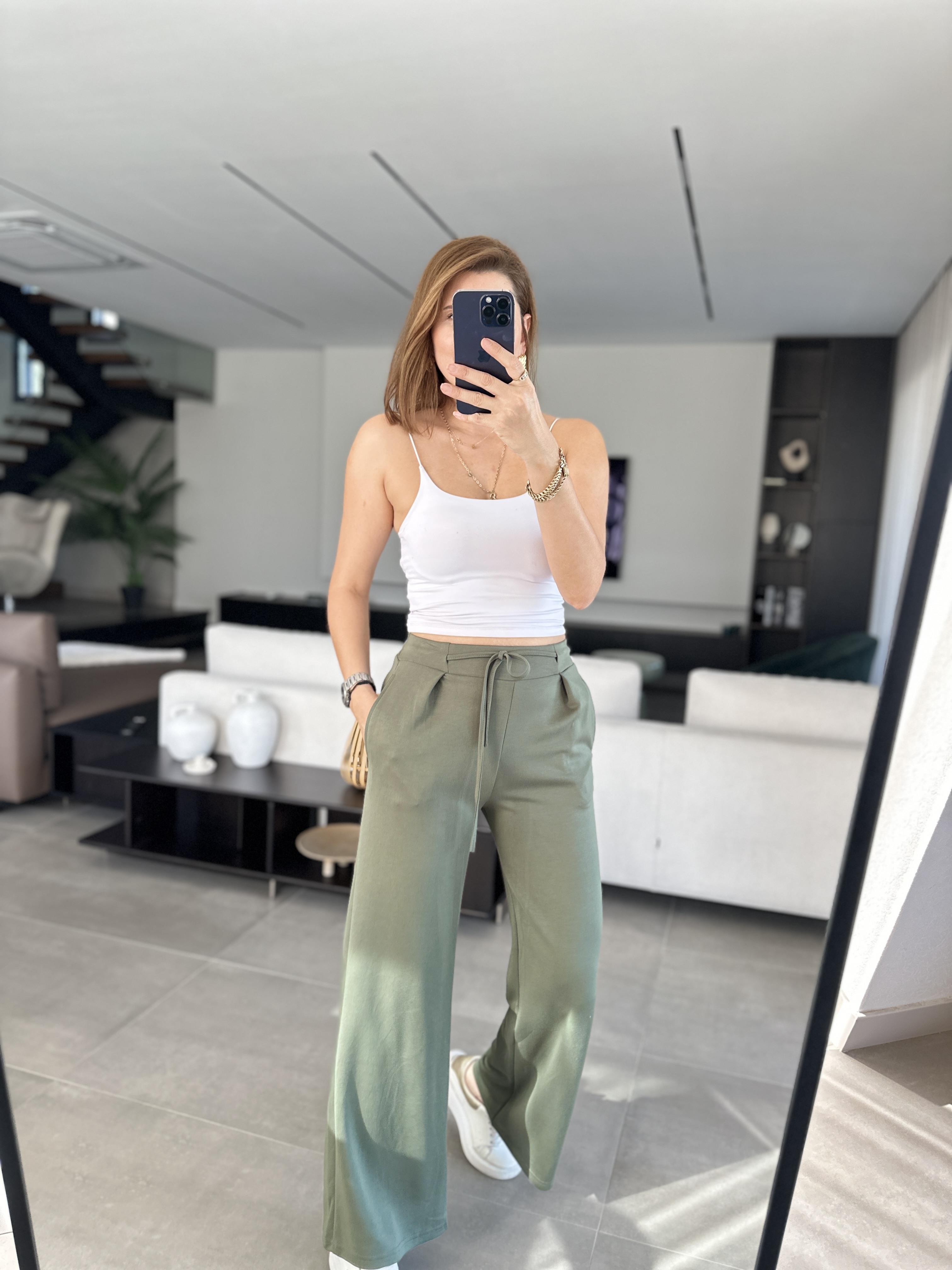 Haki Bel Pile Detaylı Pantolon