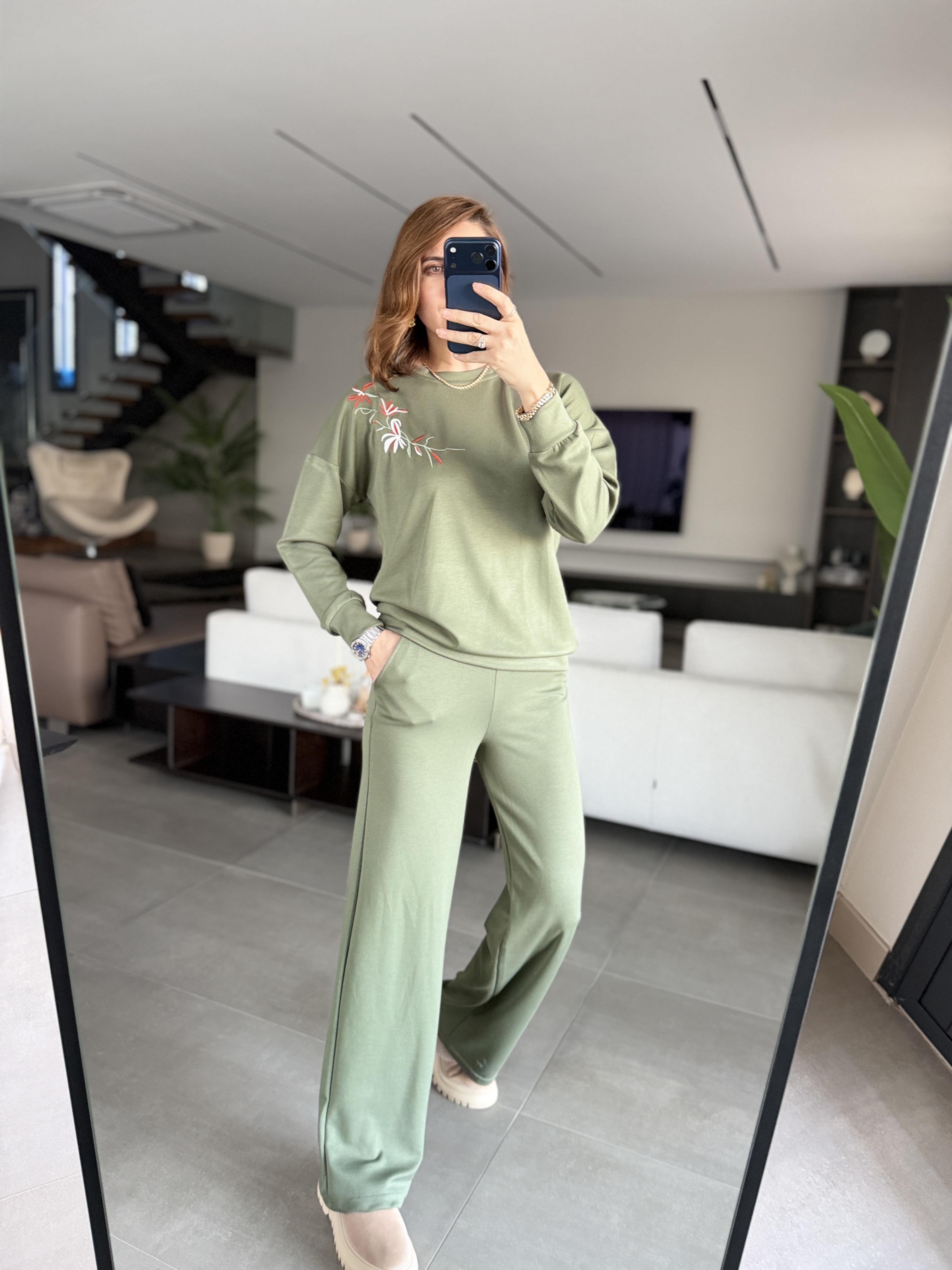 Haki Çiçek Nakışlı Takım