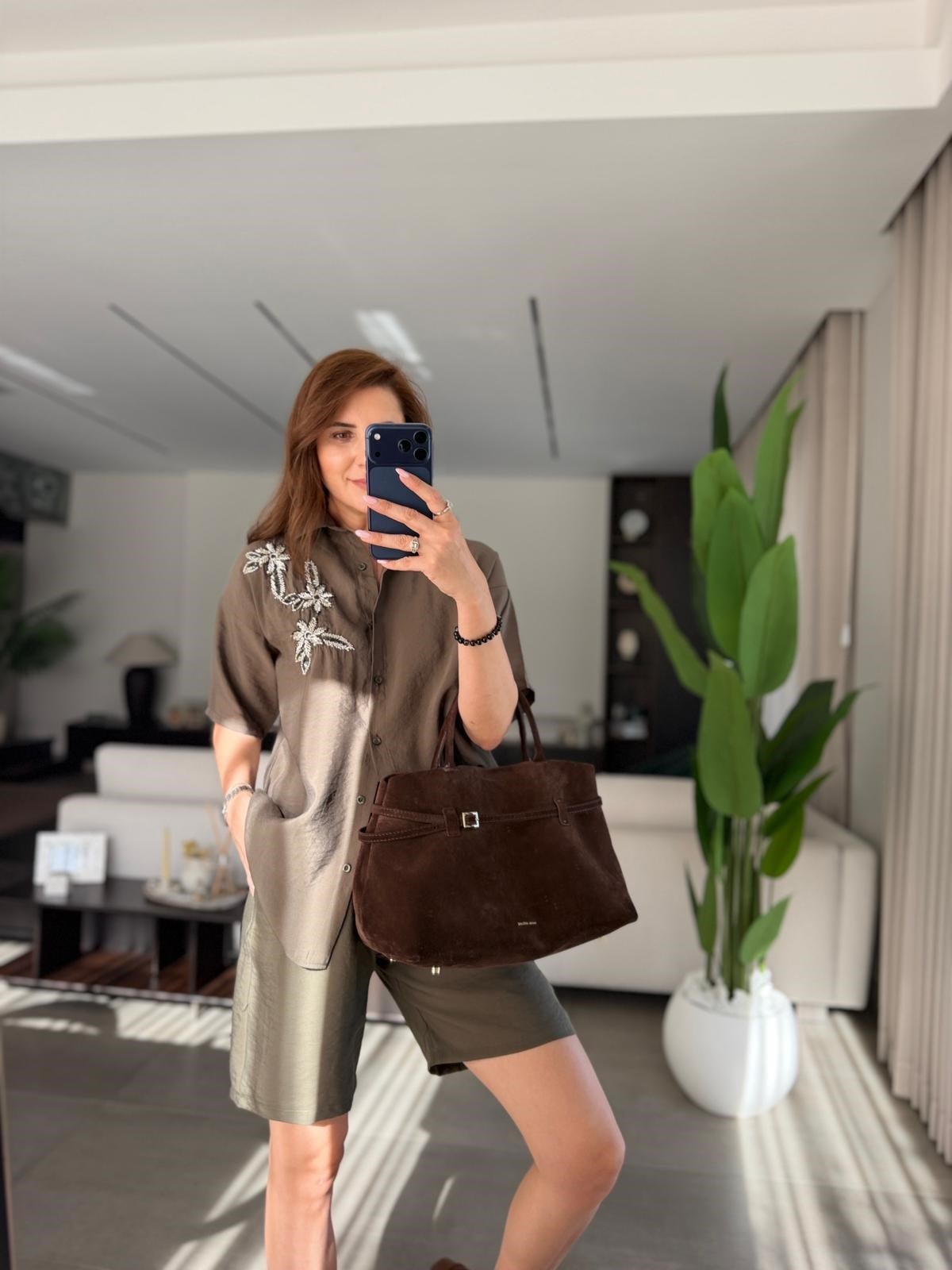 Haki Çiçek Taşlı Tencel Şort Takım