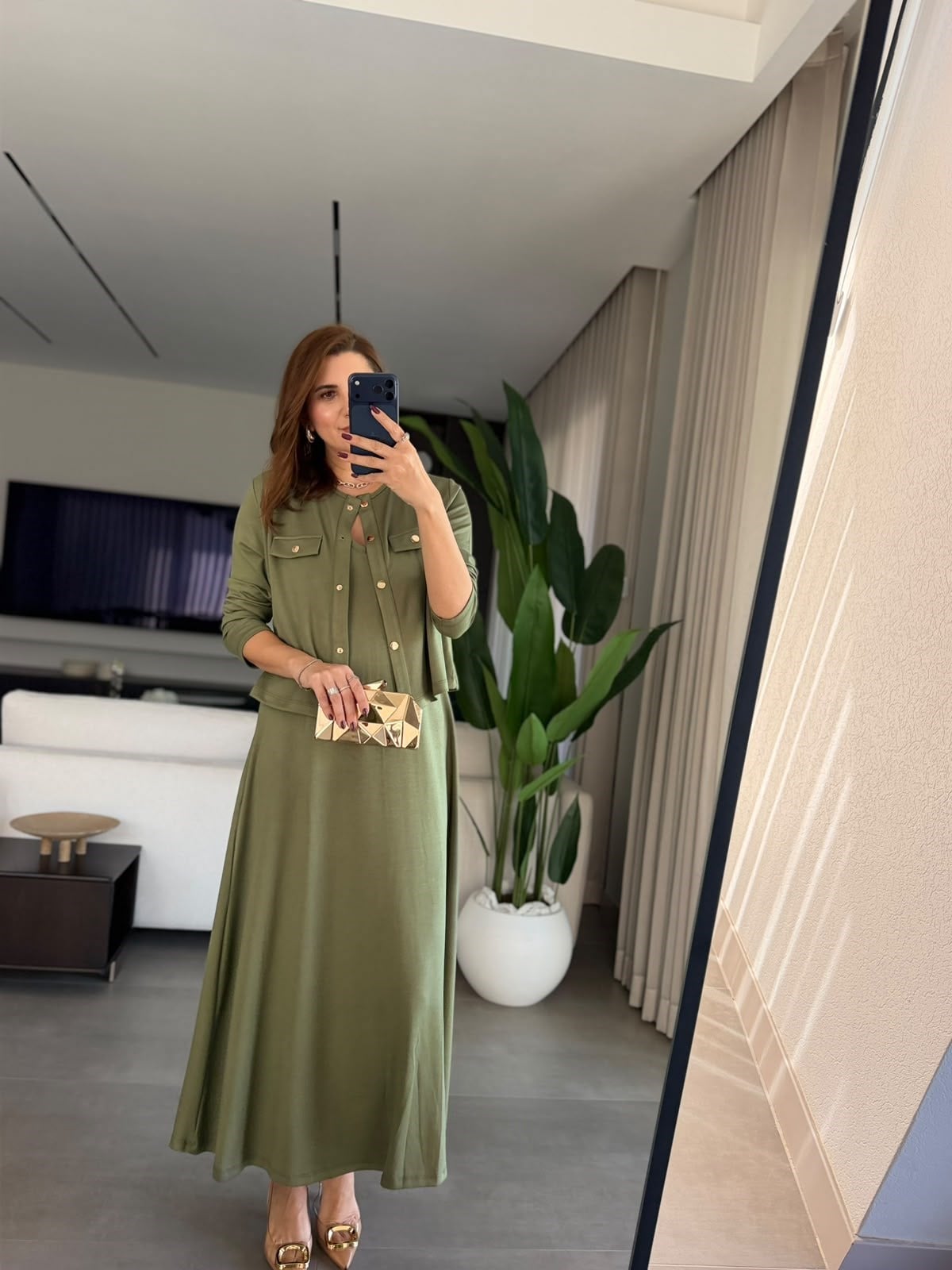 Haki Çıtçıt Detay Hırkalı Elbise
