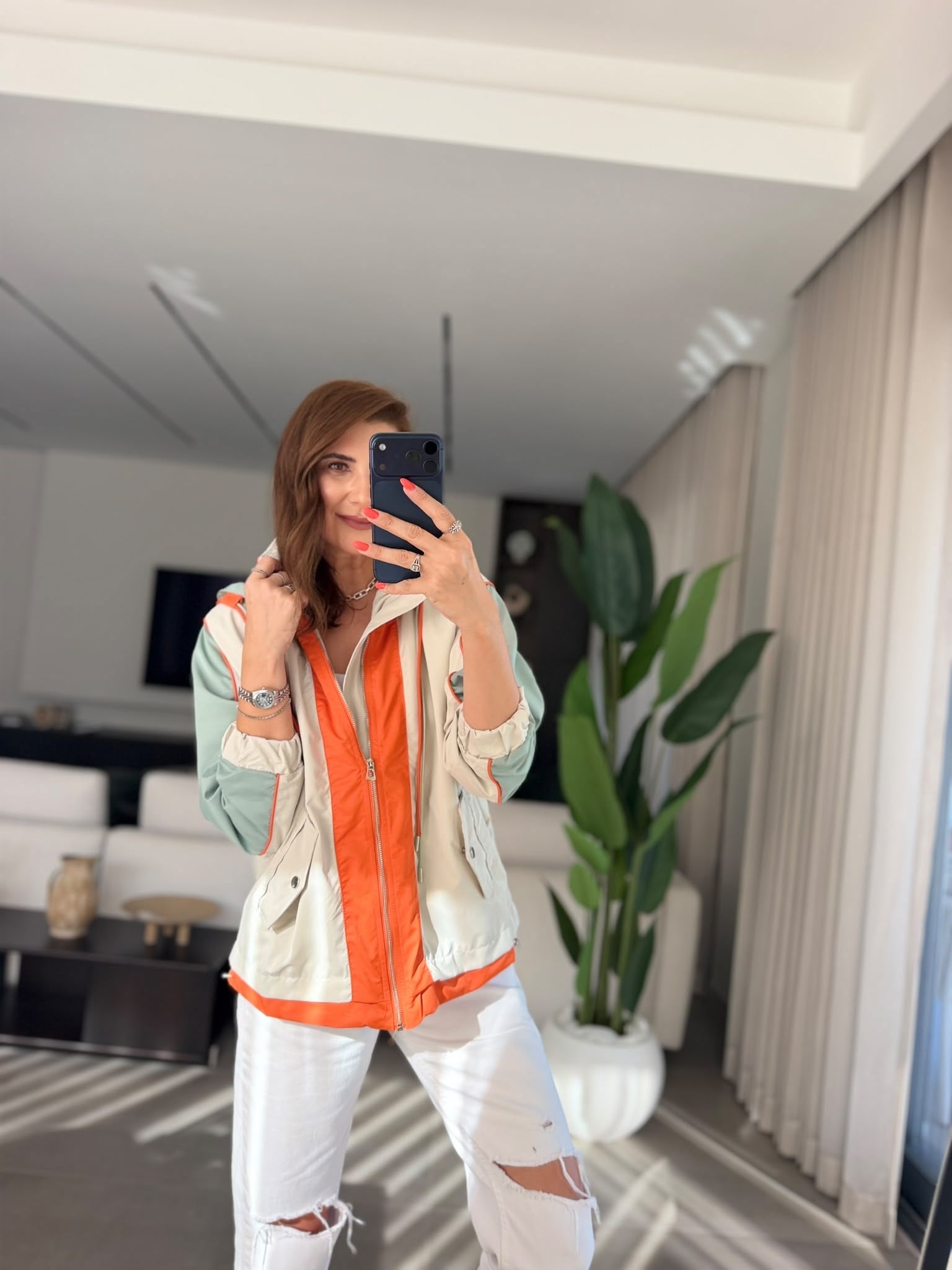 Haki Color Block Kapşonlu Yağmurluk