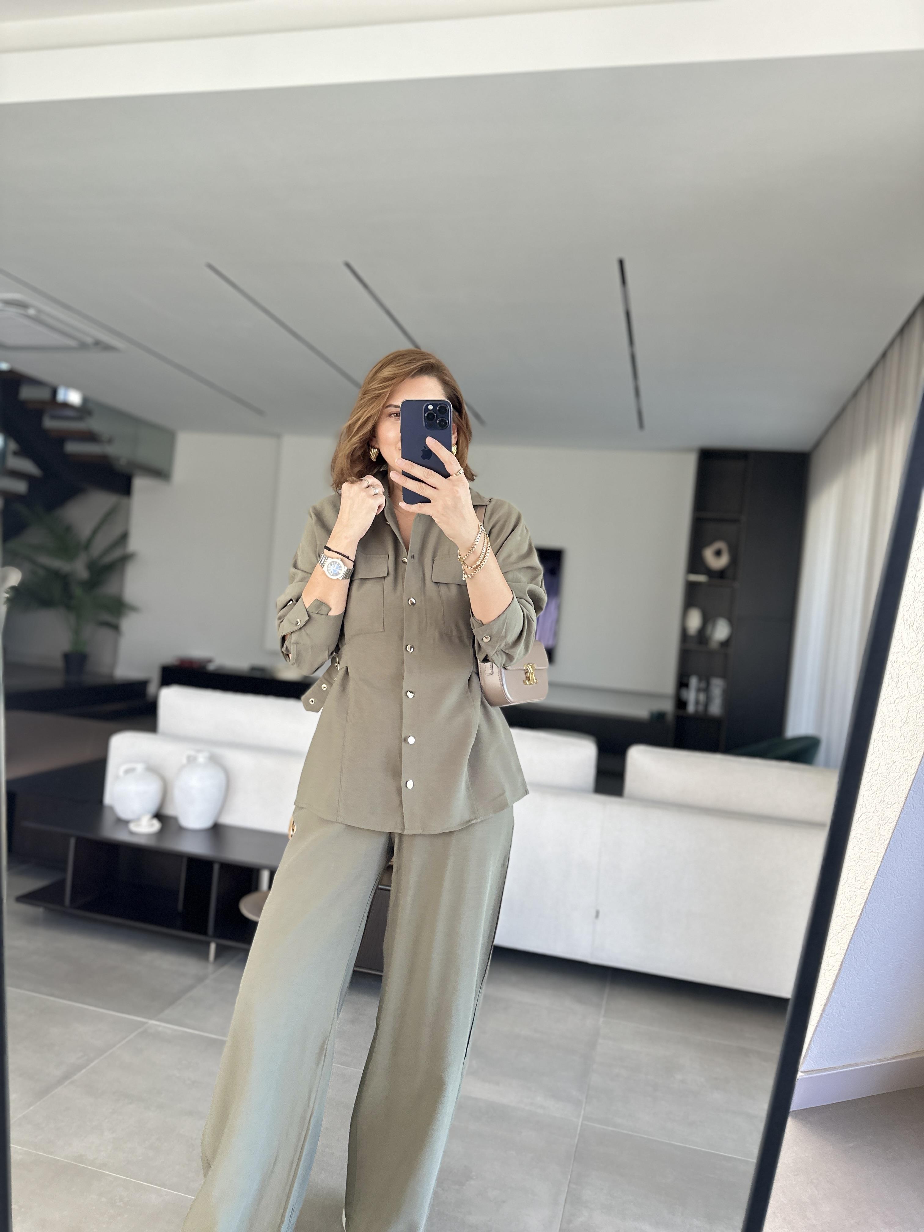 Haki Gömleği Tokalı Tencel Pantolonlu Takım