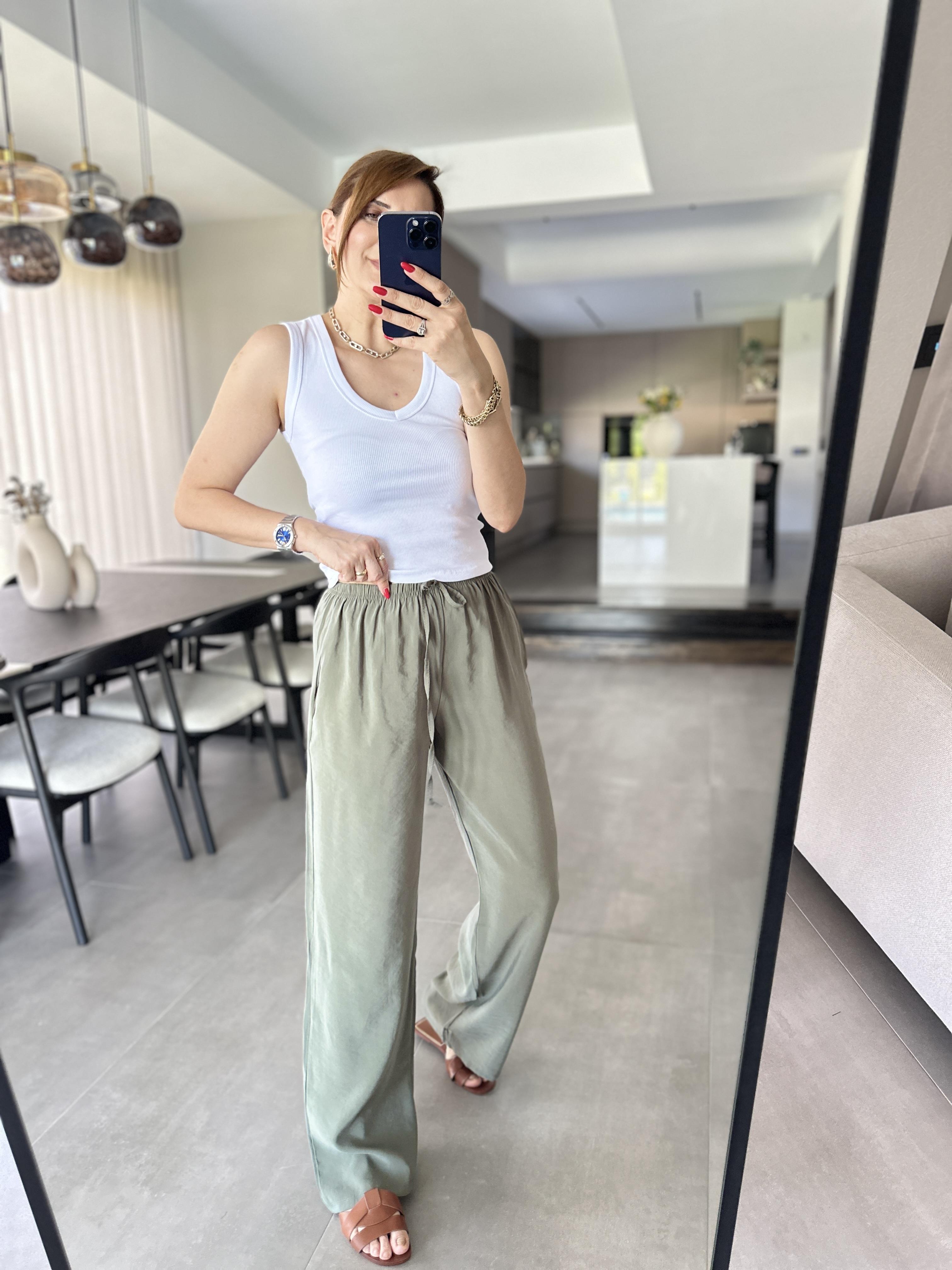 Haki İnce Kemerli Mas Pantolon